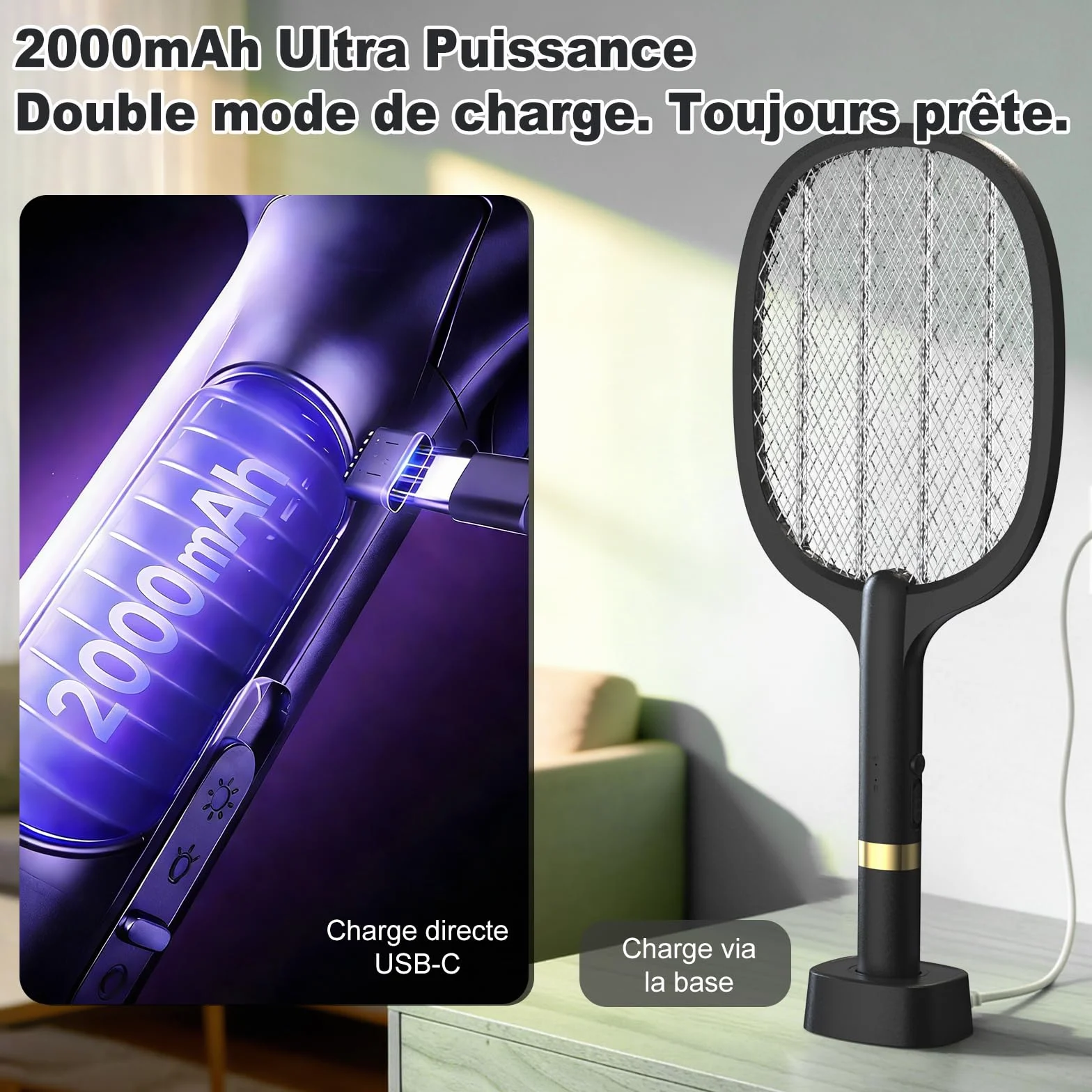Raquette Anti Moustique Électrique 5000V Rechargeable USB-C avec Base Batterie 2000mAh Noir