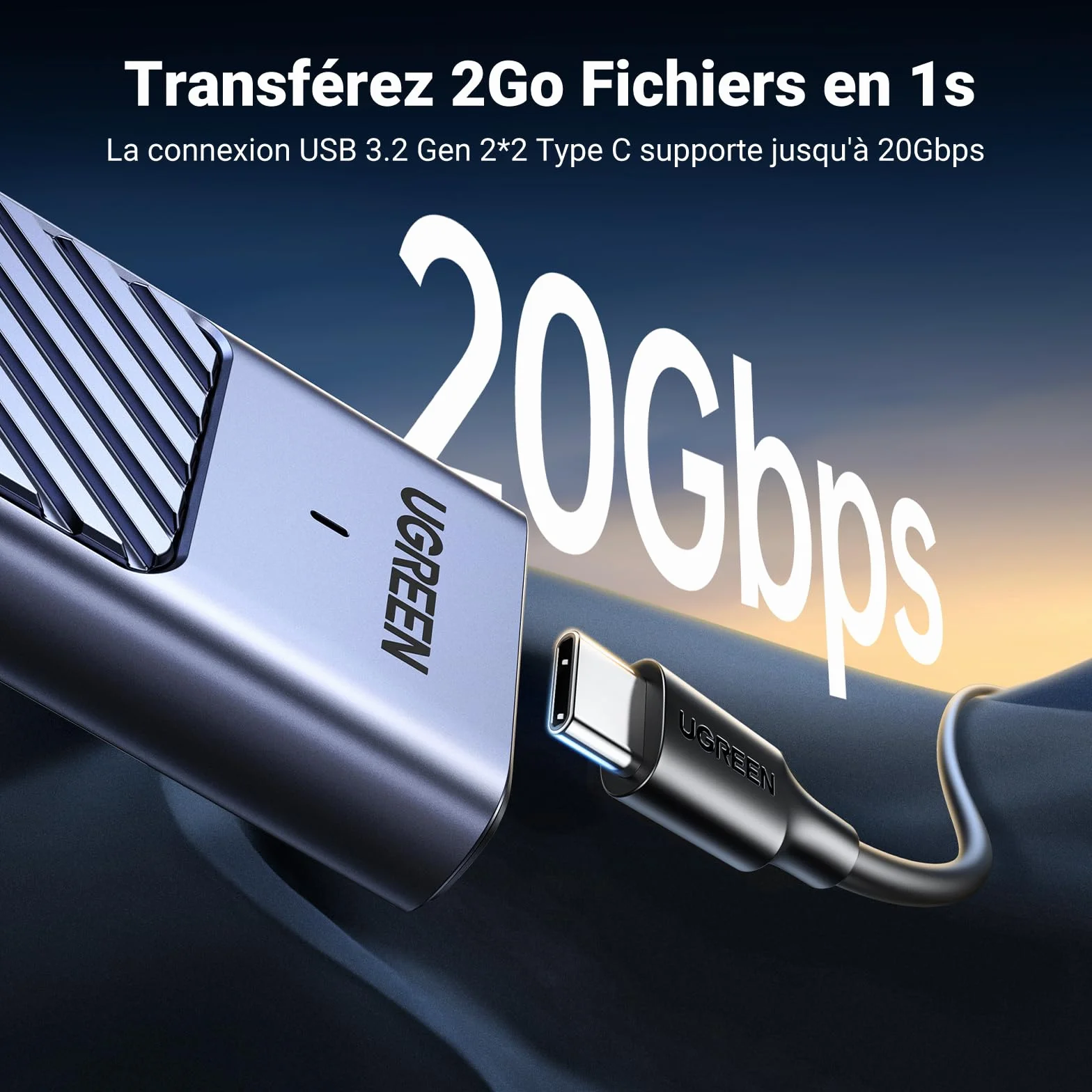 UGREEN Boîtier M2 SSD NVMe SATA 20 Gbps USB 3.2 Gen 2 Adaptateur Disque Dur Externe Aluminium M.2 2230 2242 2260 2280