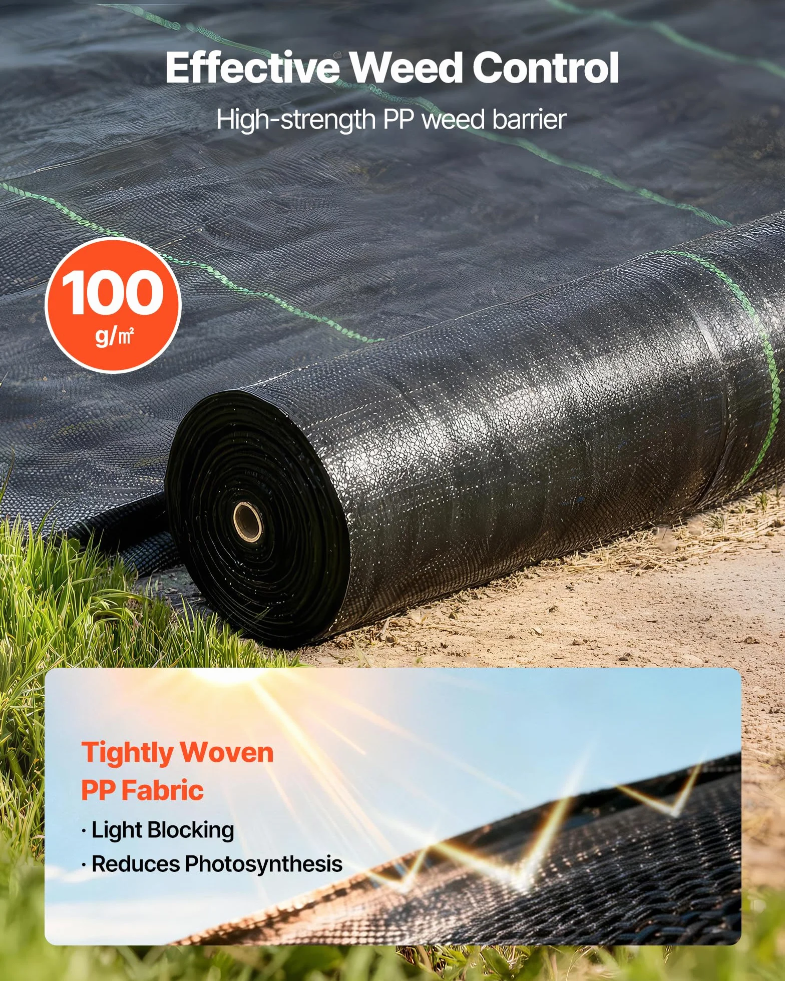 VEVOR Toile de Paillage 2x50 m Bâche Anti Mauvaise Herbe 100 g/m² Géotextile Anti Repousse Tissé PP Noir