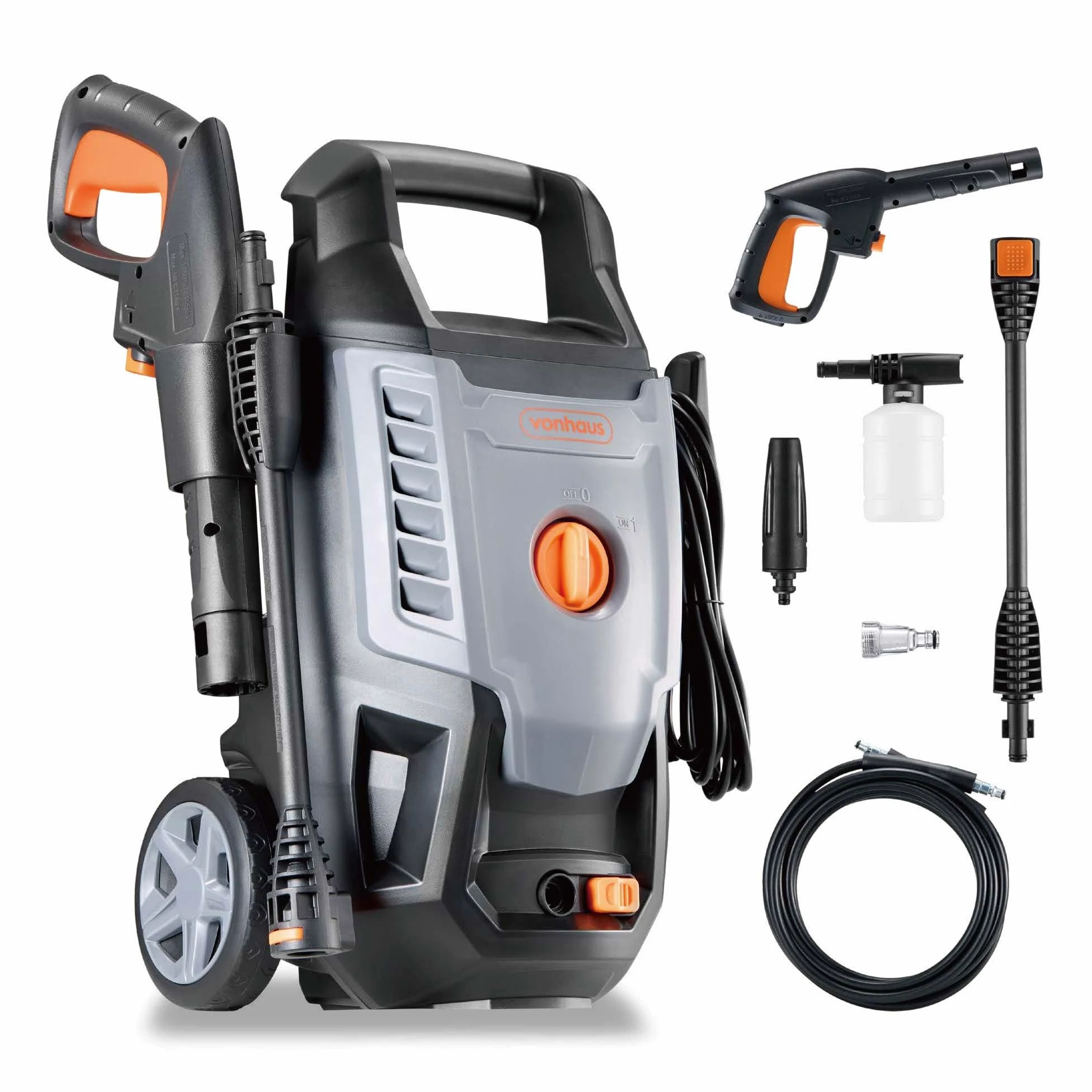 VonHaus Nettoyeur Haute Pression 1600 W, Ensemble de 7 Accessoires Inclus | Pression max. 130 bars, Débit 390 l/h, 5m Tuyau, Portable pour Terrasse, Jardin, Voiture et plus encore