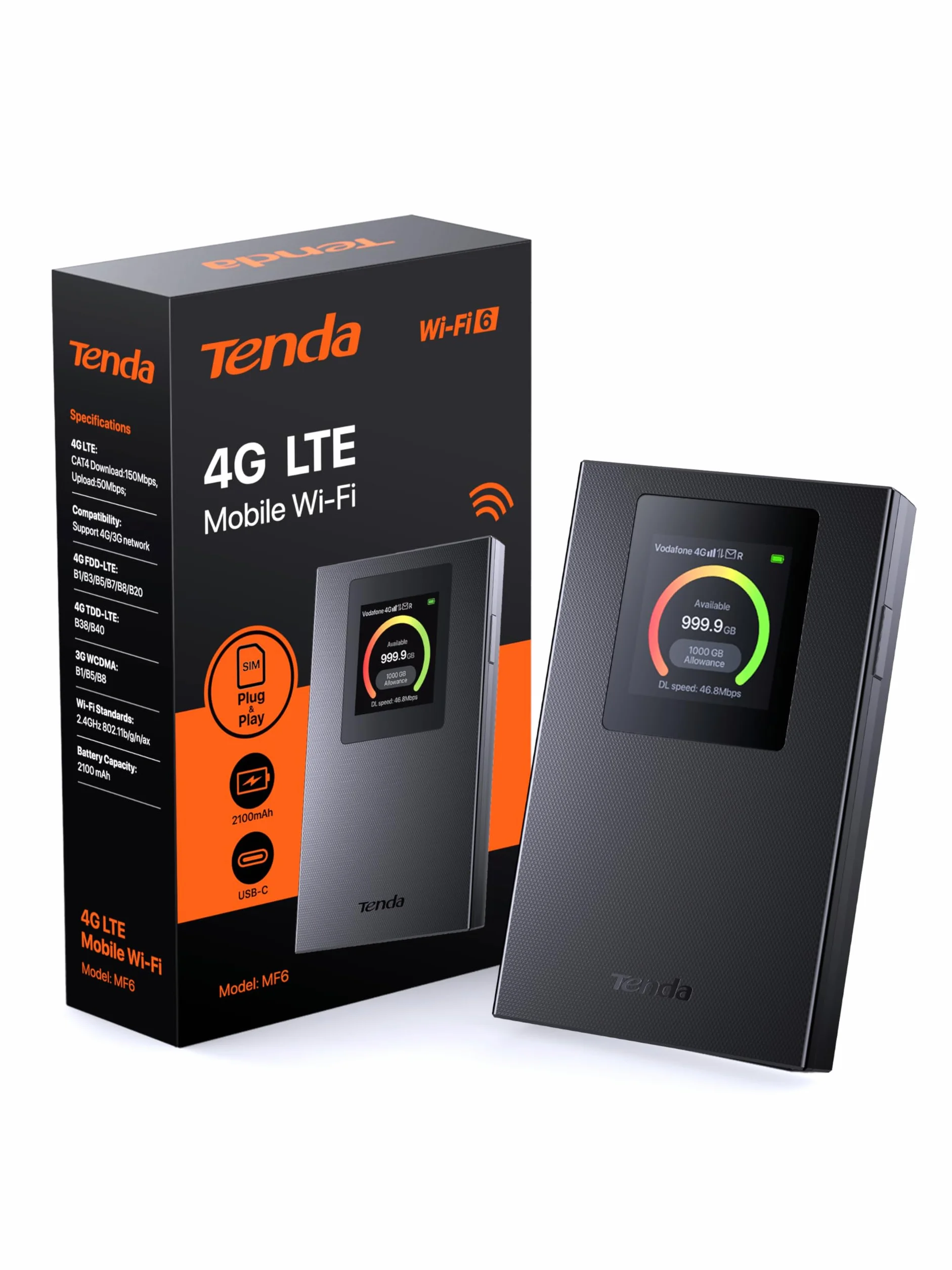 Tenda MF6 Routeur 4G SIM Portable WiFi 6 AX300Mbps Pocket WiFi MiFi 4G LTE CAT4 150Mbps Batterie 2100mAh USB-C WPA3