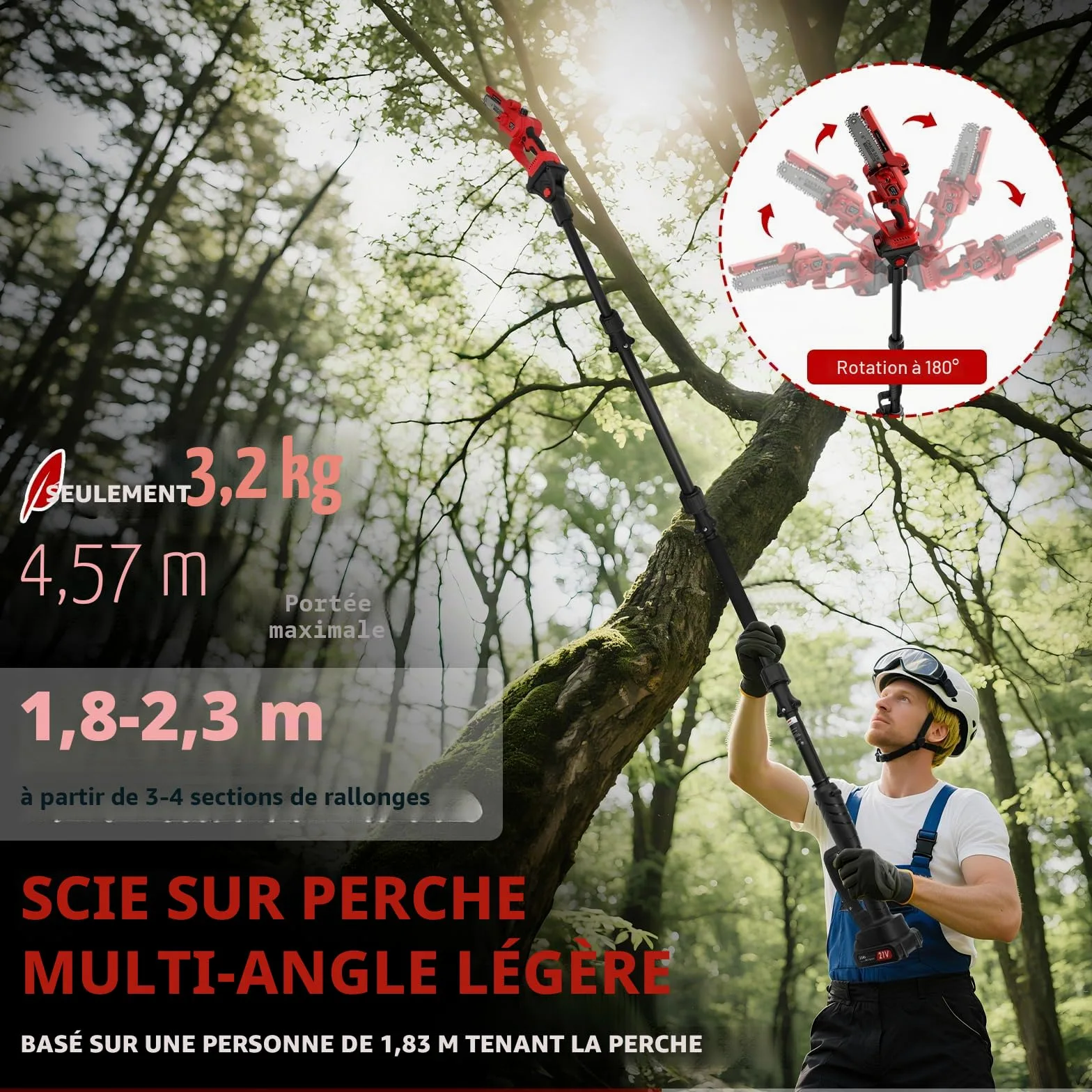 Mini Tronconneuse avec Perche 6 Pouces & Secateur Electrique Telescopique 55 mm, 4 en 1 Élagueuse sur Perche avec 2 * 2000 mAh Batteries, Portée Maximale 4,5 m