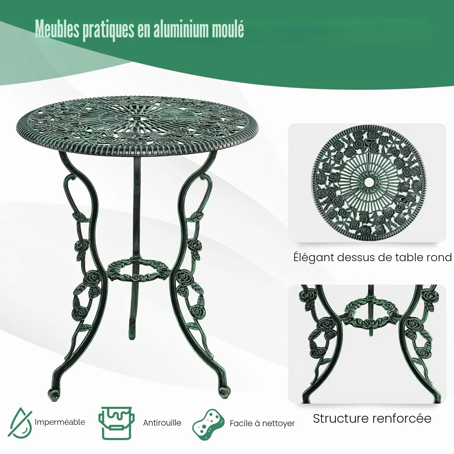 Salon de Jardin 2 Personnes Fonte Aluminium Table Extérieure avec 2 Chaises Trou Parasol Motif Rose Vert
