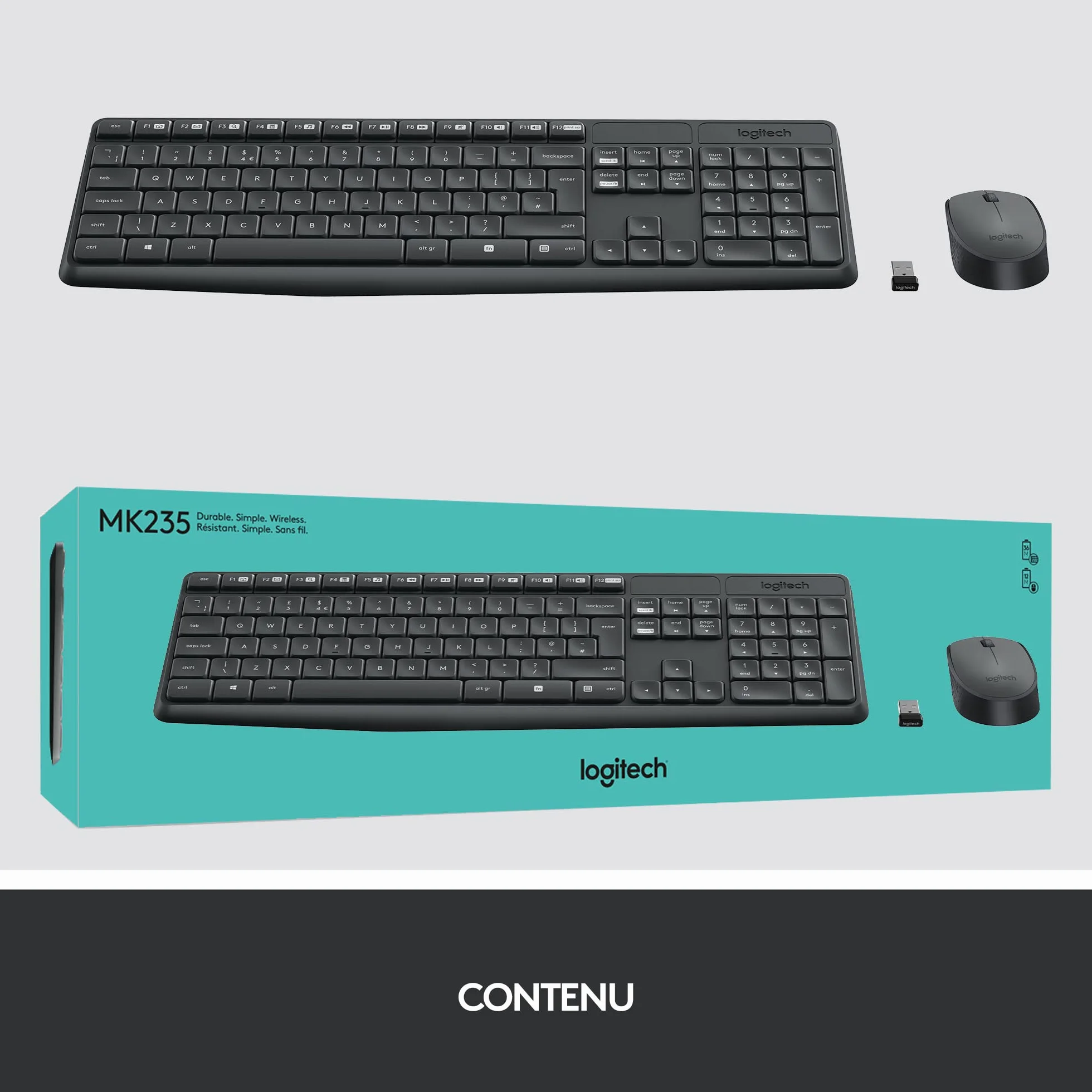 Logitech MK235 Combo Clavier Souris sans Fil 2,4 GHz Récepteur USB Unifying Gris foncé