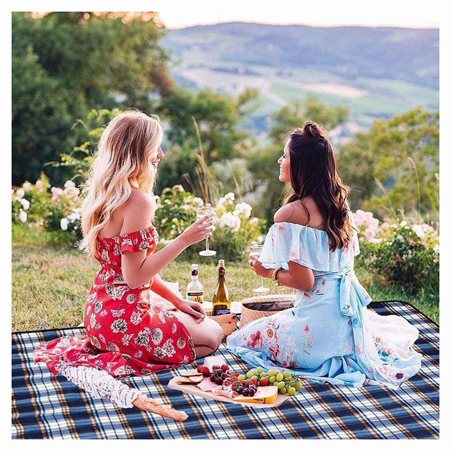Couverture Pique Niques Imperméable, Portable Tapis Pique Niques, Nappe Picnic Natte de Plage pour Jardin Camping Extérieur (Color : Blue Grid, Size : 150x200cm)