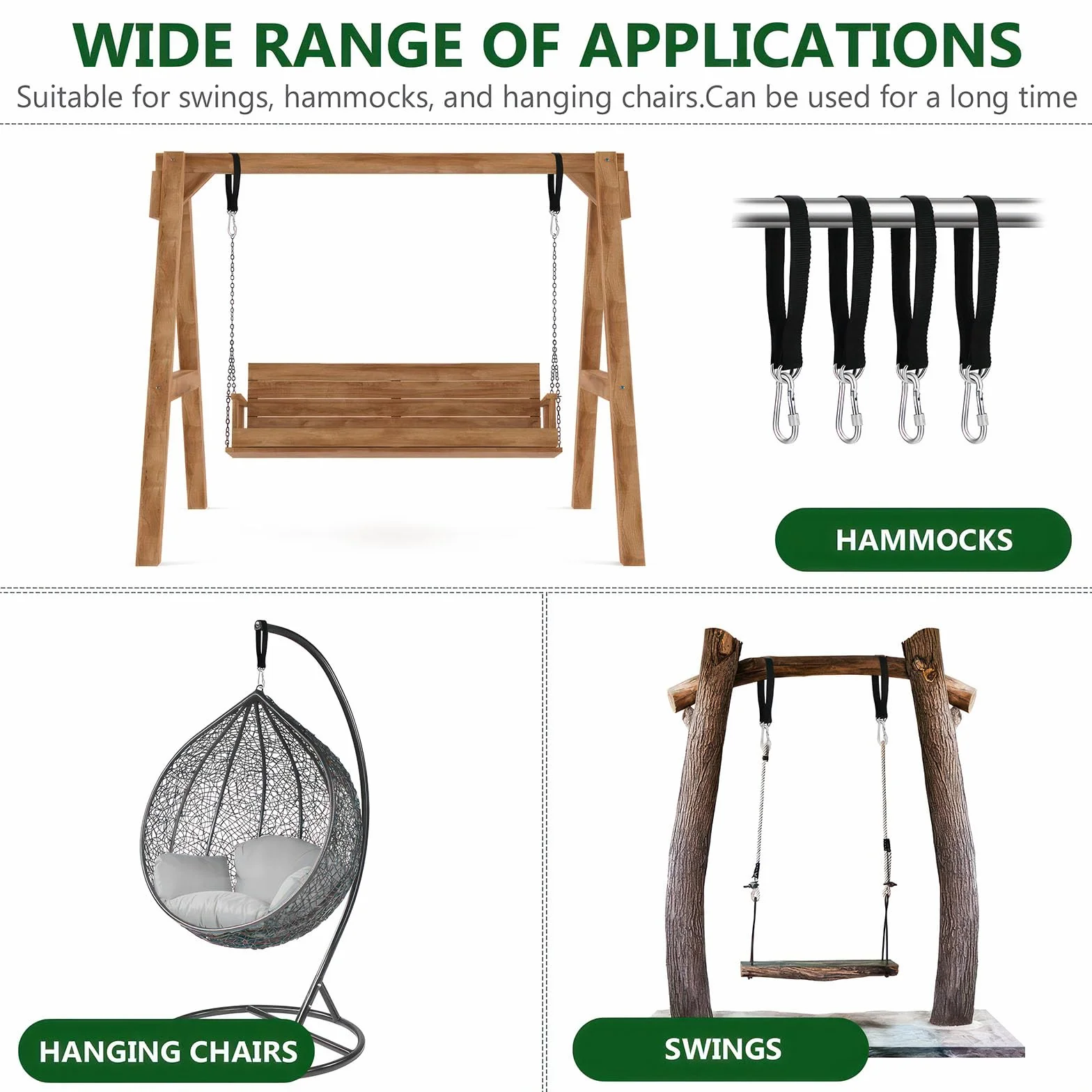 Set di Sangle Hamac 50 cm x 25 mm Sangles de Suspension pour Balançoire Arbre avec Mousquetons et Anneaux en D