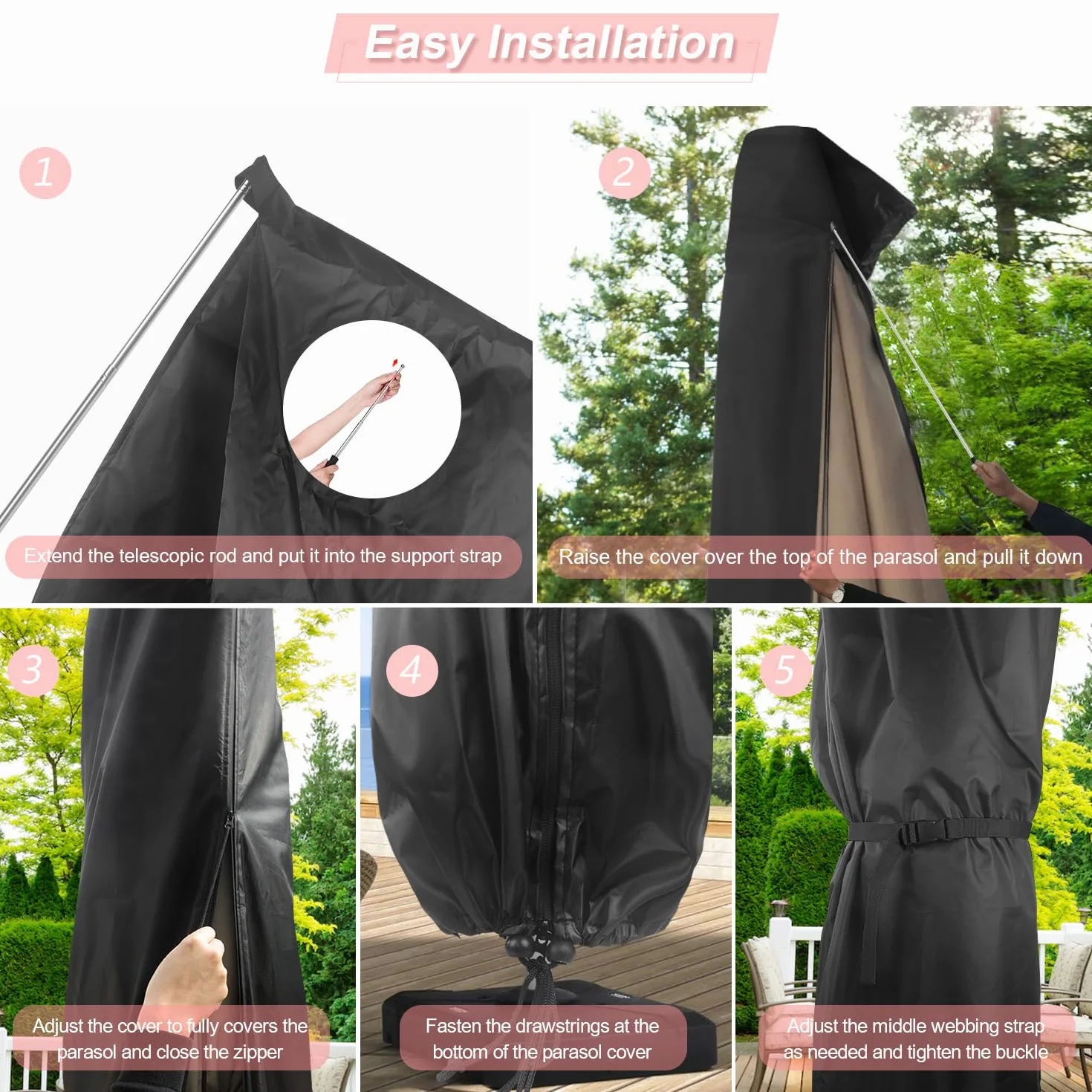 Housse de parasol de jardin imperméable 190x30/50cm anti-UV coupe-vent parasol 2-3 m
