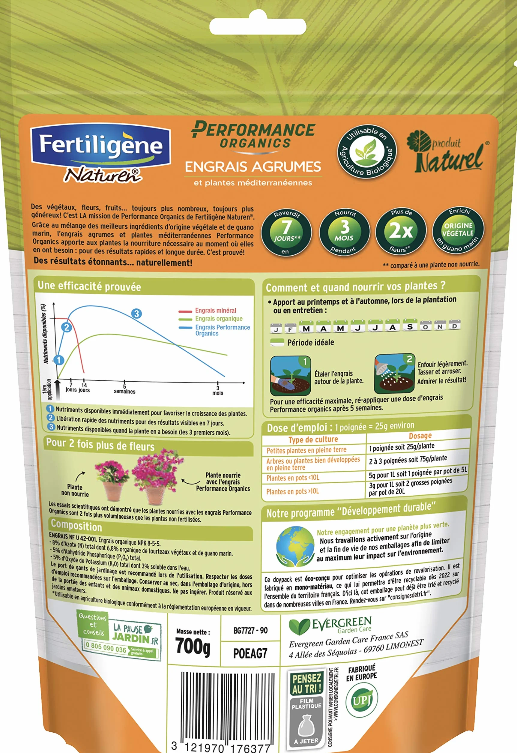 FERTILIGENE NATUREN POEAG7 Engrais Granulés Performance Organics Agrumes Plantes Méditerranéennes 700 g Pour 14m²