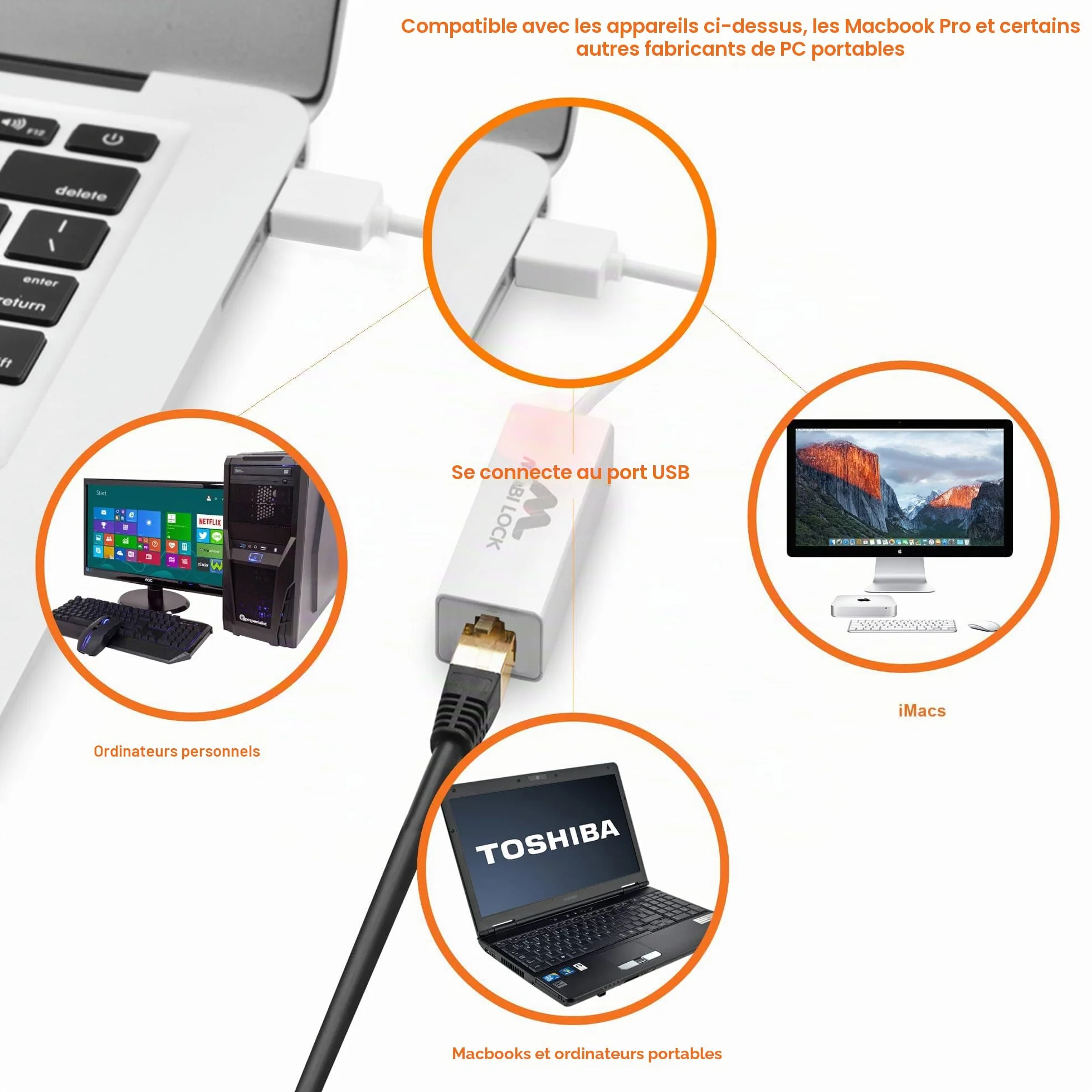 Mobi Lock Adaptateur Réseau USB Ethernet USB 2.0 pour Ordinateurs Portables Windows 7-11 Mac OS X