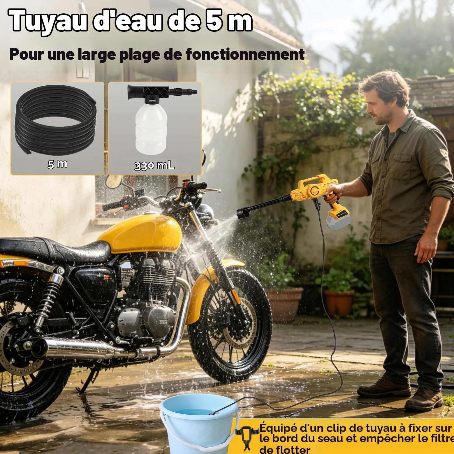 Nettoyeur haute pression sans fil compatible avec Dewalt 18/20 V, 21 000 tr/min, 69 bar, nettoyeur haute pression portable avec buse 6 en 1 pour nettoyer les sols, clôtures et murs de voiture, jaune