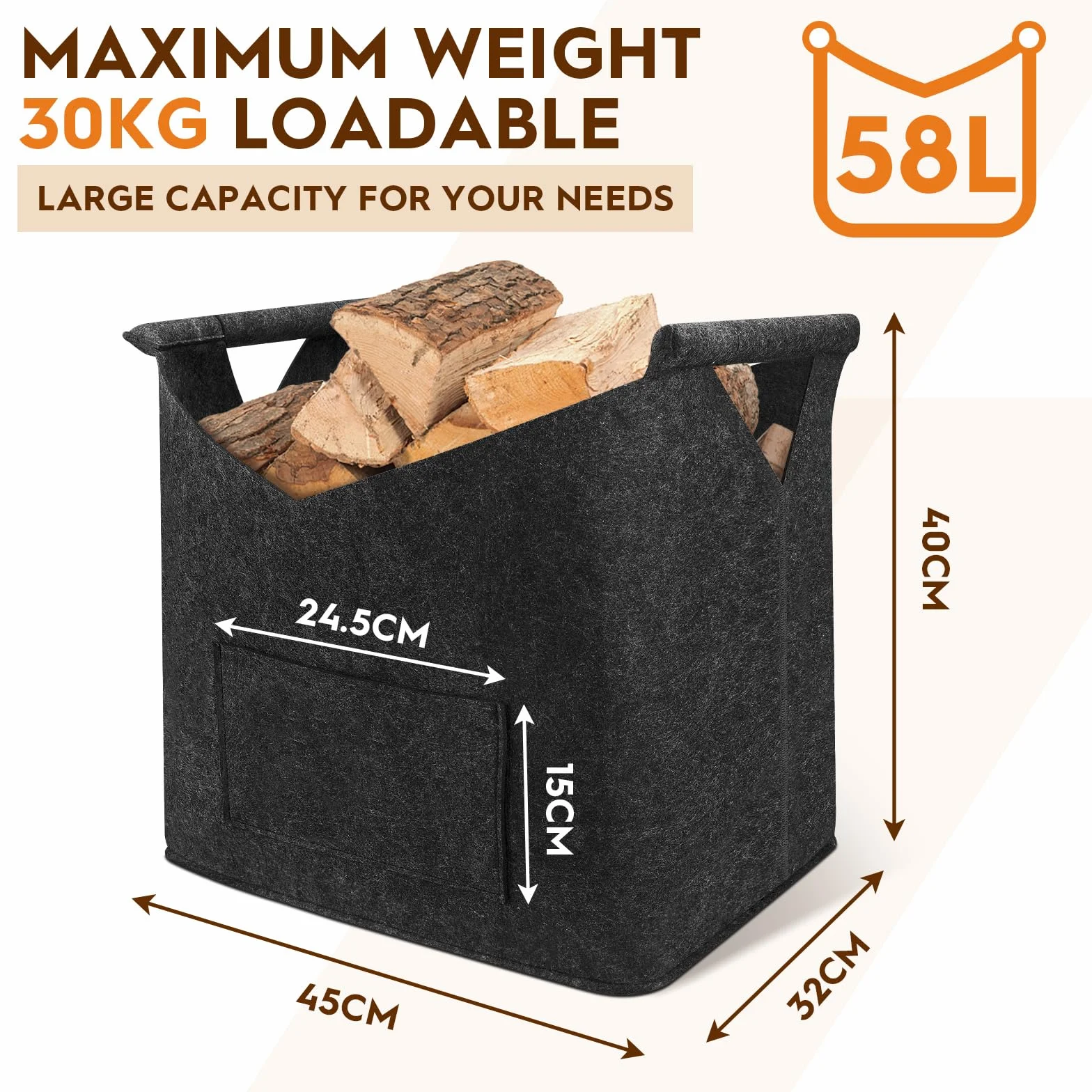 highsam Pliable Panier à Bois XL 45x32x40 cm pour Bois de Chauffage