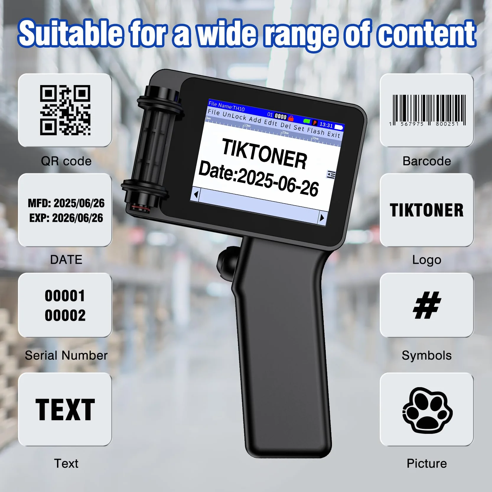 Imprimante à Jet d'encre Portable TH10 Mini 42ml Séchage Rapide Hauteur 2-12,7mm Codage Texte Date QR Code