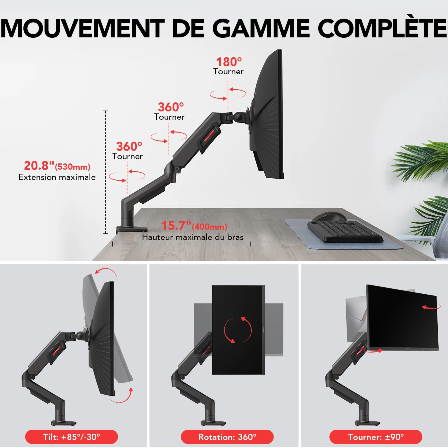 KOORUI Support Écran PC Moniteur Bras Ergonomique Réglable Hauteur Inclinaison Pivotant 17-32" VESA 75&100mm 2-9kg
