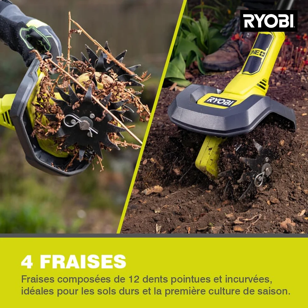 RYOBI - Bineuse 18V One+ - Largeur/Profondeur de Travail 20/10 cm - 4 Fraises & Sécateur Électrique 18V One+ - Lames Bypass Chromées en Acier Carbone Japonais SK5