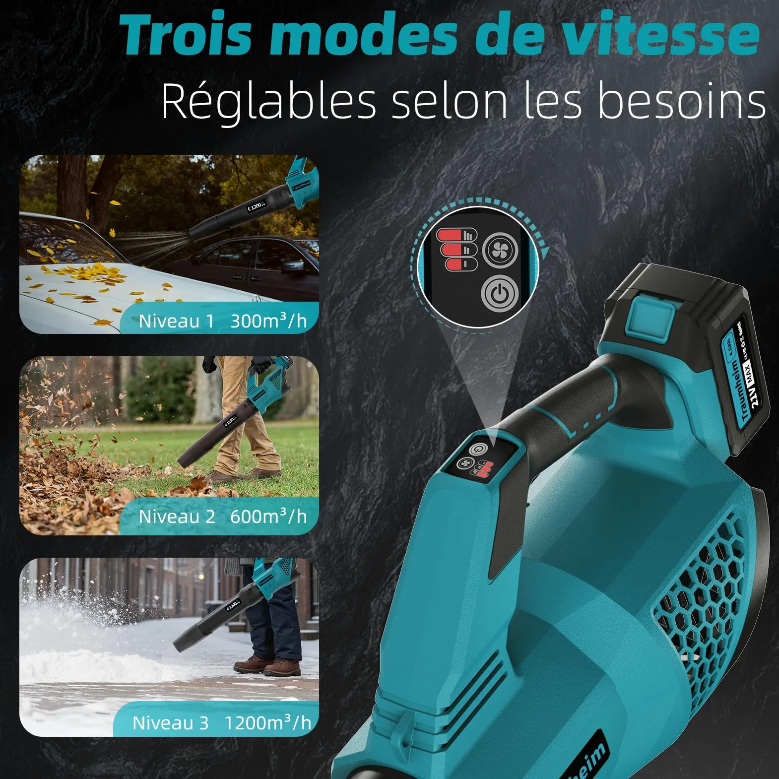 Souffleur de Feuilles sans Fil avec Batterie, 3 Vitesses, électrique sans Fil avec 2 Batteries 4,0Ah/21V, 1200 m³/h, pour Jardin, Feuilles, poussière et Neige