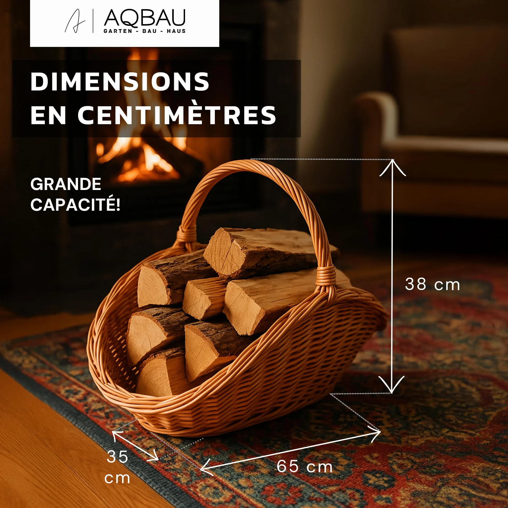 Panier à bois de cheminée en osier naturel fait main avec poignée – Lot de 2