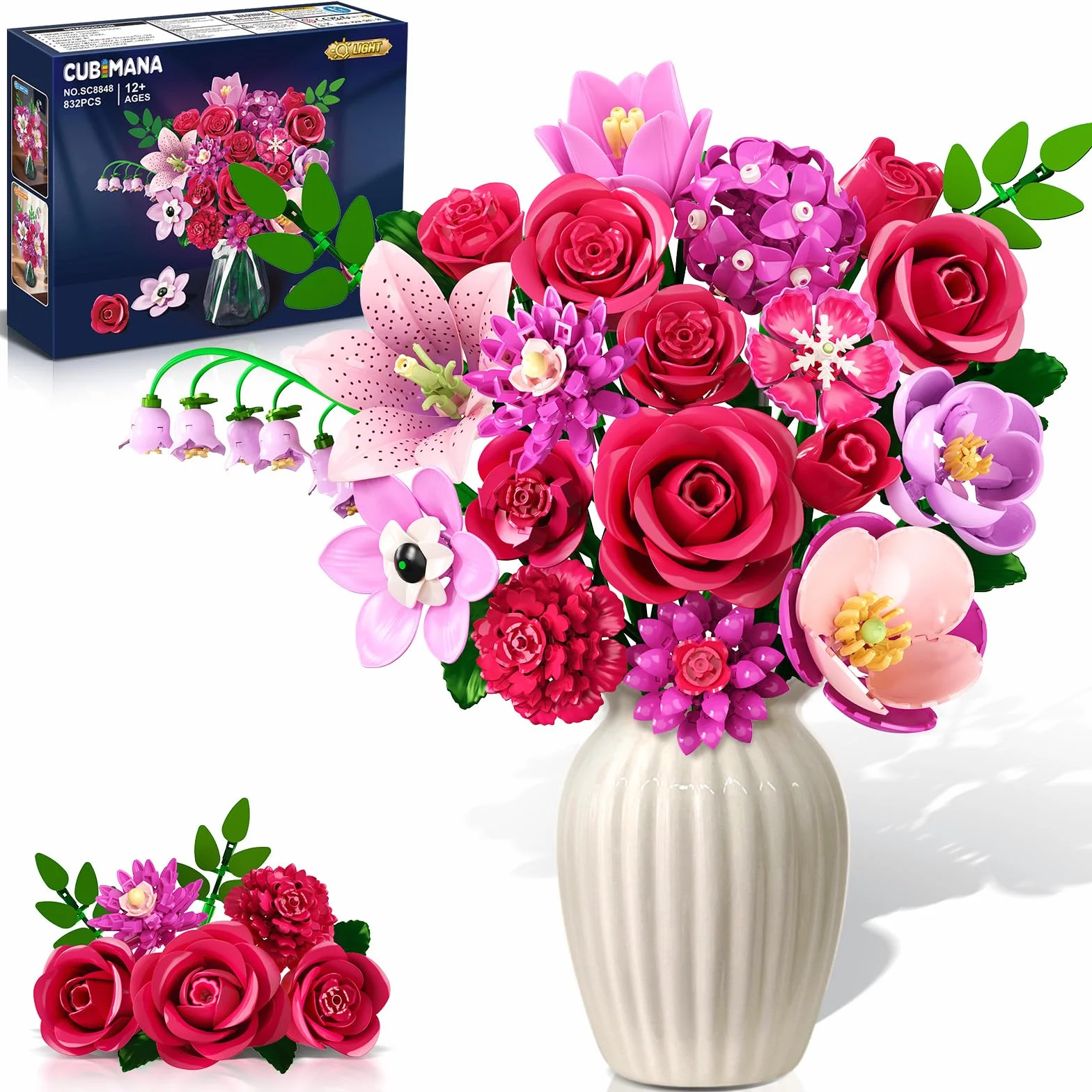 CUBIMANA Bouquet de Fleurs LED 21 Roses Rouges Collection Botanique 832PCS