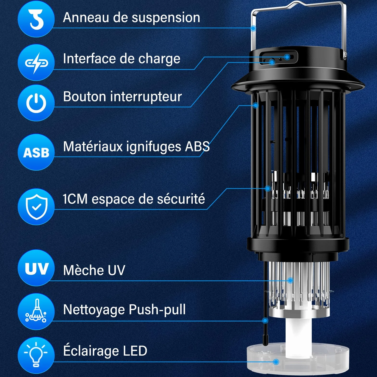 PALONE Lampe Anti Moustique USB-C Tue Mouche Électrique LED Portable UV 4200V 140 m²