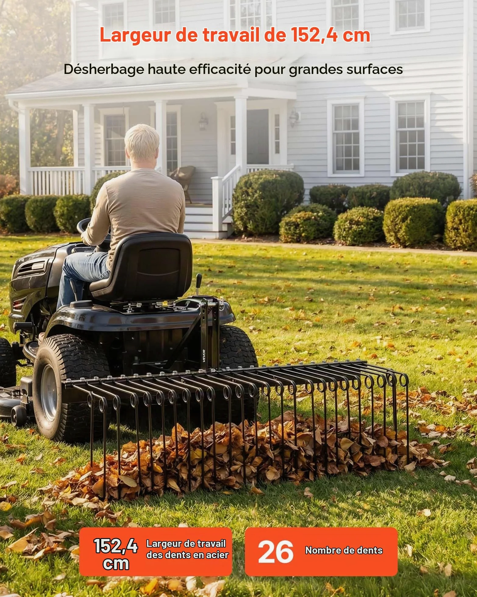 VEVOR Râteau Paysager Tracté 153 cm Râteau Déchaumeur Remorquable pour Attelage 3 Points Tracteurs Catégorie 1 Collecte Aiguilles de Pin, Paille, Feuilles, Nettoyage Jardin, 26 Dents Acier à Ressort