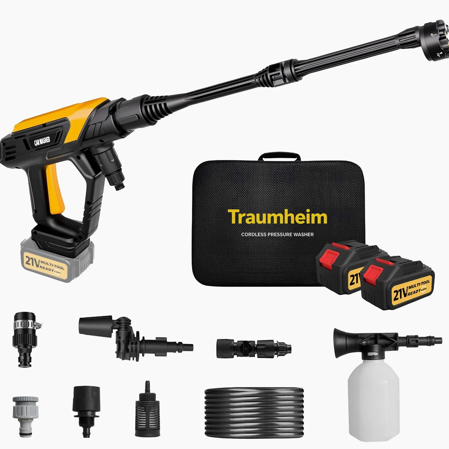 Nettoyeur haute pression sans fil 21 V, 68 bar, avec 2 batteries de 4000 mAh, 17 pièces, pour voiture, terrasse et jardin