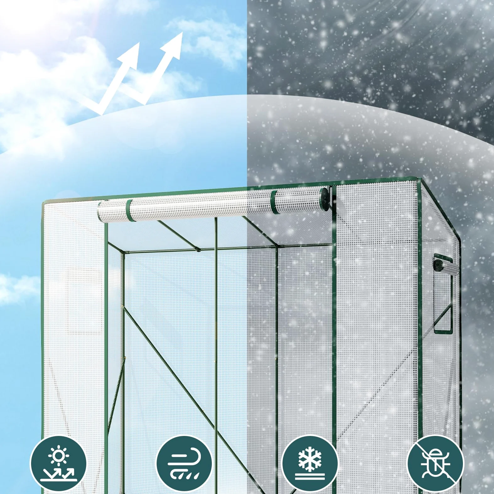 LARMNEE Serre de Jardin à Toit en Pente, Serre à Tomates Plastique, 200 x 77,5 x 170 cm, Abri Potager pour Plantes, avec Porte Enroulable, Anti-UV, pour Balcon, Jardin, Blanc EWT30GH02G3