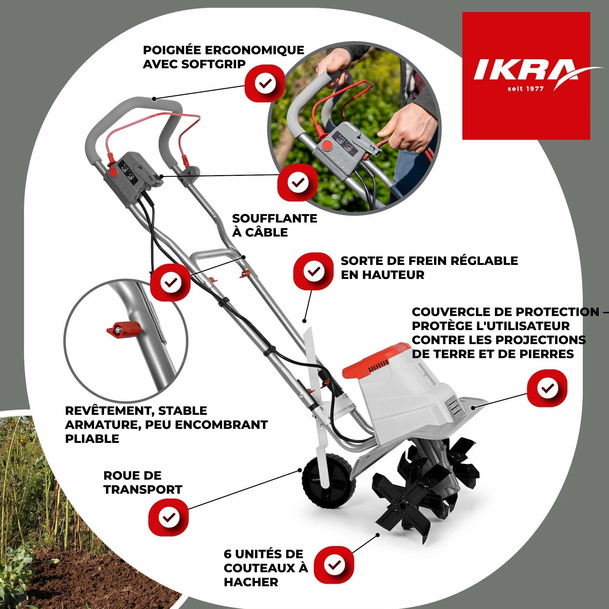 IKRA motoculteur électrique IEM 1500, Largeur réglable 32 et 45 cm | 1500 W, profondeur de travail 20 cm, talon de frein, roue de transport, pliable, protection contre les surcharges