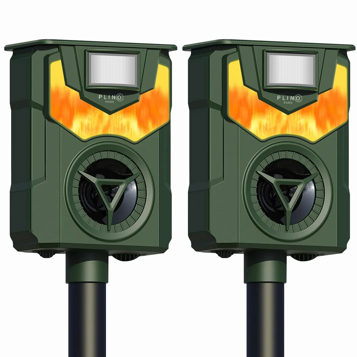 Répulsif Chat Ultrason avec Lumière Flamme LED, Recharge Solaire et USB, Étanche pour Jardin Potager, Lot de 2