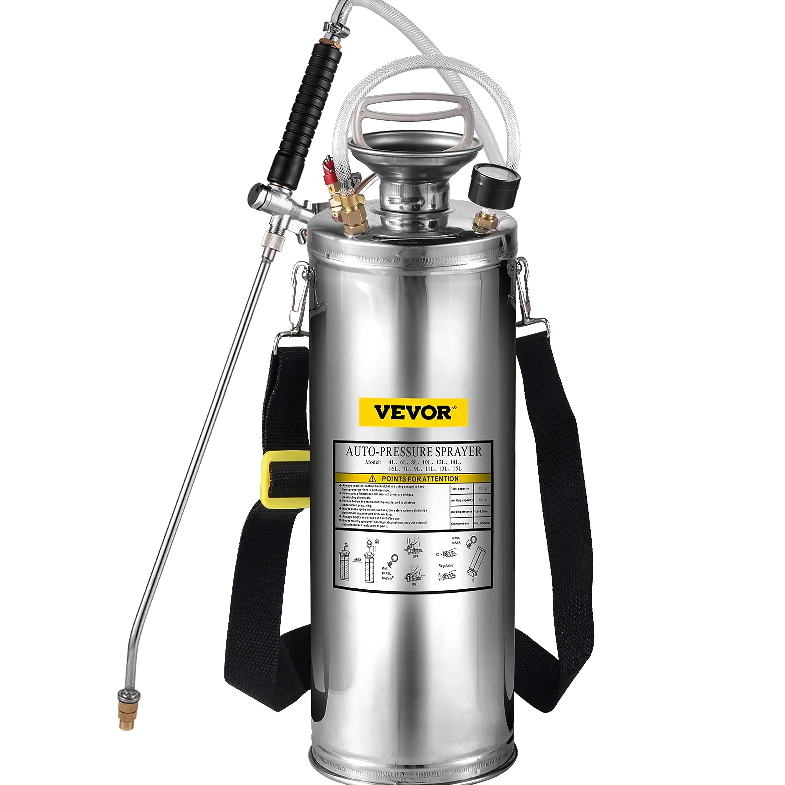 VEVOR Pulvérisateur à Pression 6 l en Acier Inoxydable avec Valve et manomètre Convient pour la Maison, Le Jardin, Les véhicules touristiques, Les véhicules spéciaux, Les navires, Le Nettoyage des