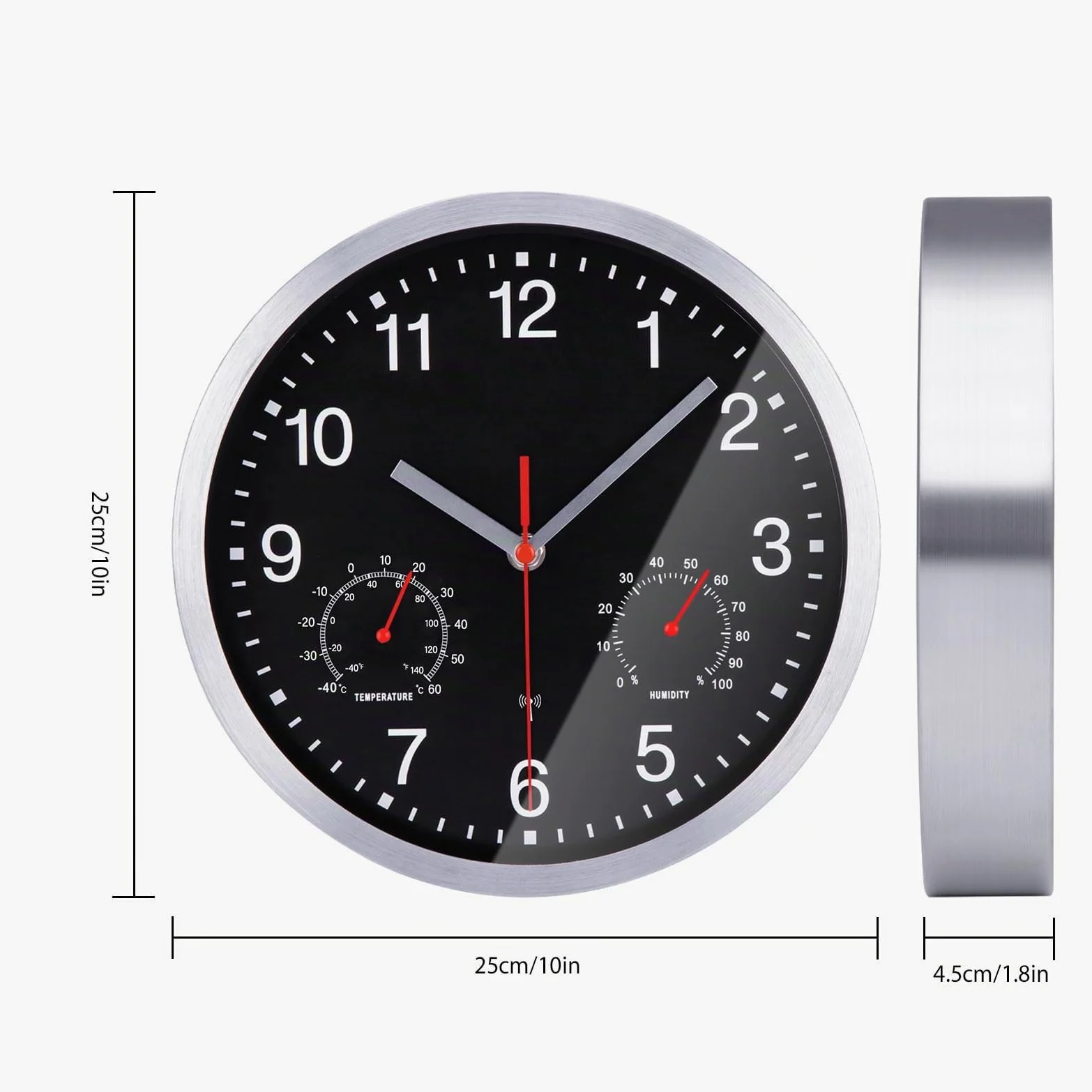 Horloge Murale Radio Pilotée avec Thermomètre et Hygromètre Pendule Murale Silencieuse et sans Tic-Tac de 25cm pour Salon, Cuisine, Bureau, Chambre