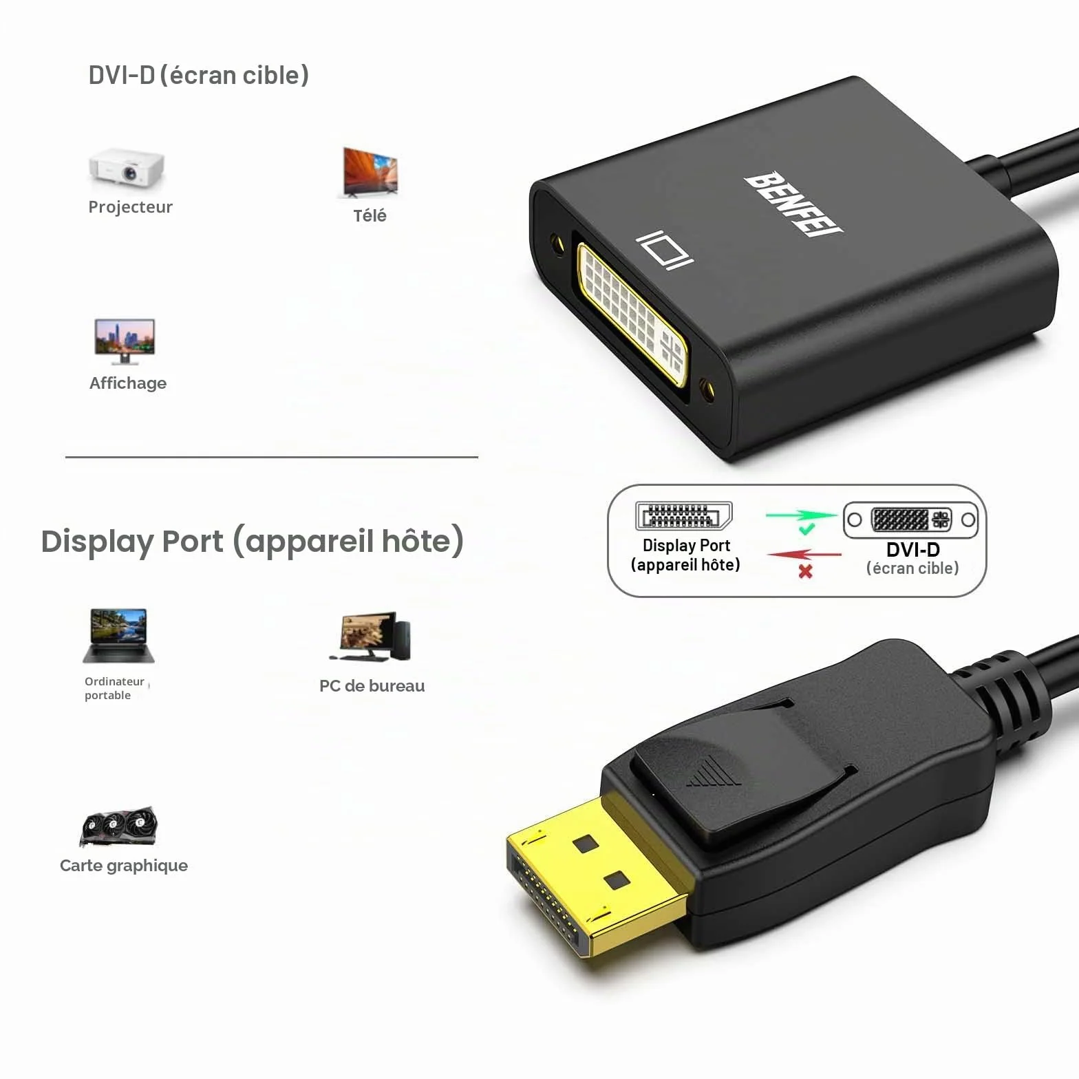 BENFEI Adaptateur DisplayPort vers DVI-D mâle vers Femelle Noir Compatible Lenovo Dell HP