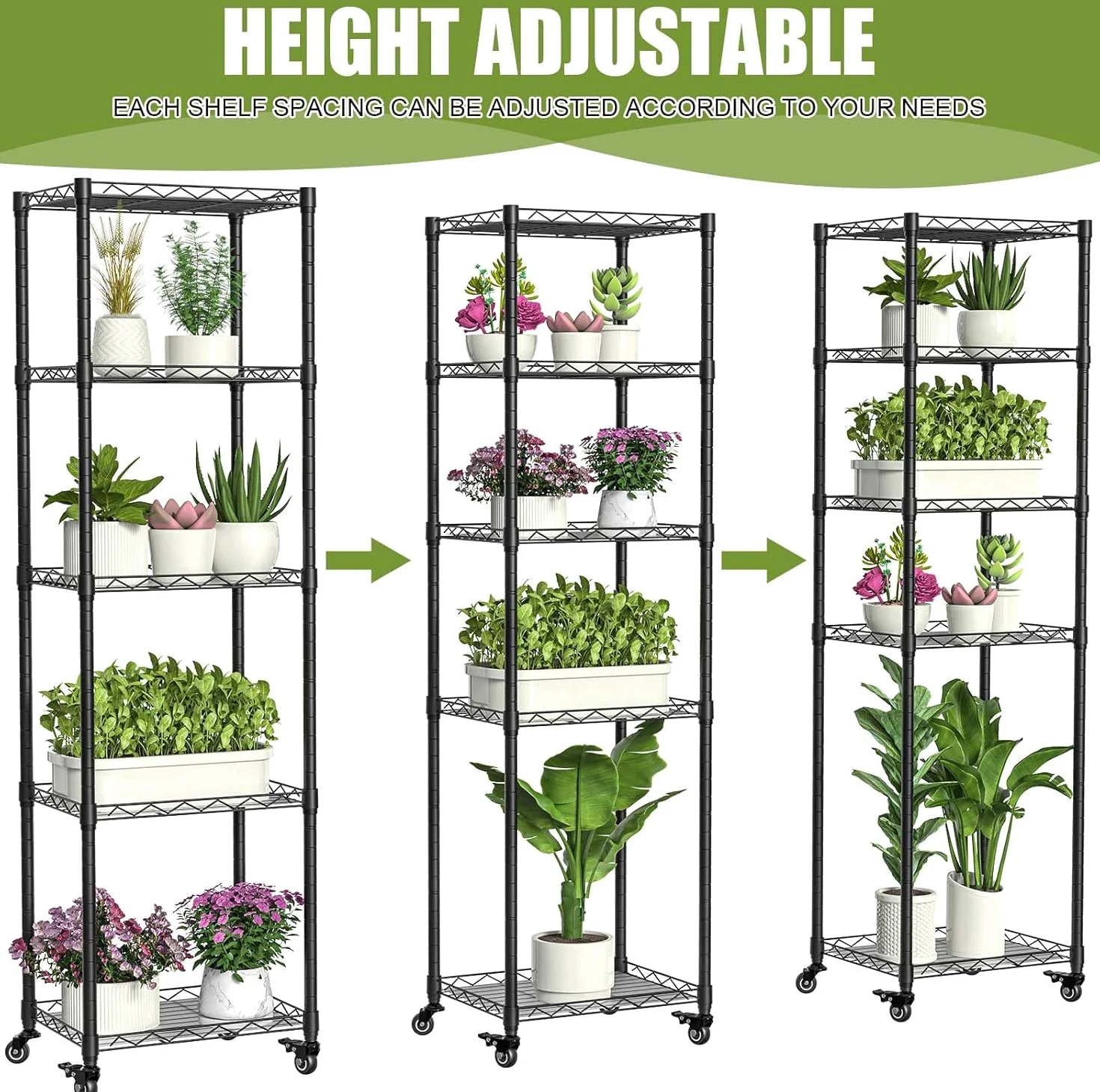 Support pour plantes avec lampes de croissance, étagère en métal à 5 niveaux avec 4 lampes de croissance à spectre complet de 48 W, minuterie automatique, support de pot de fleurs échelle