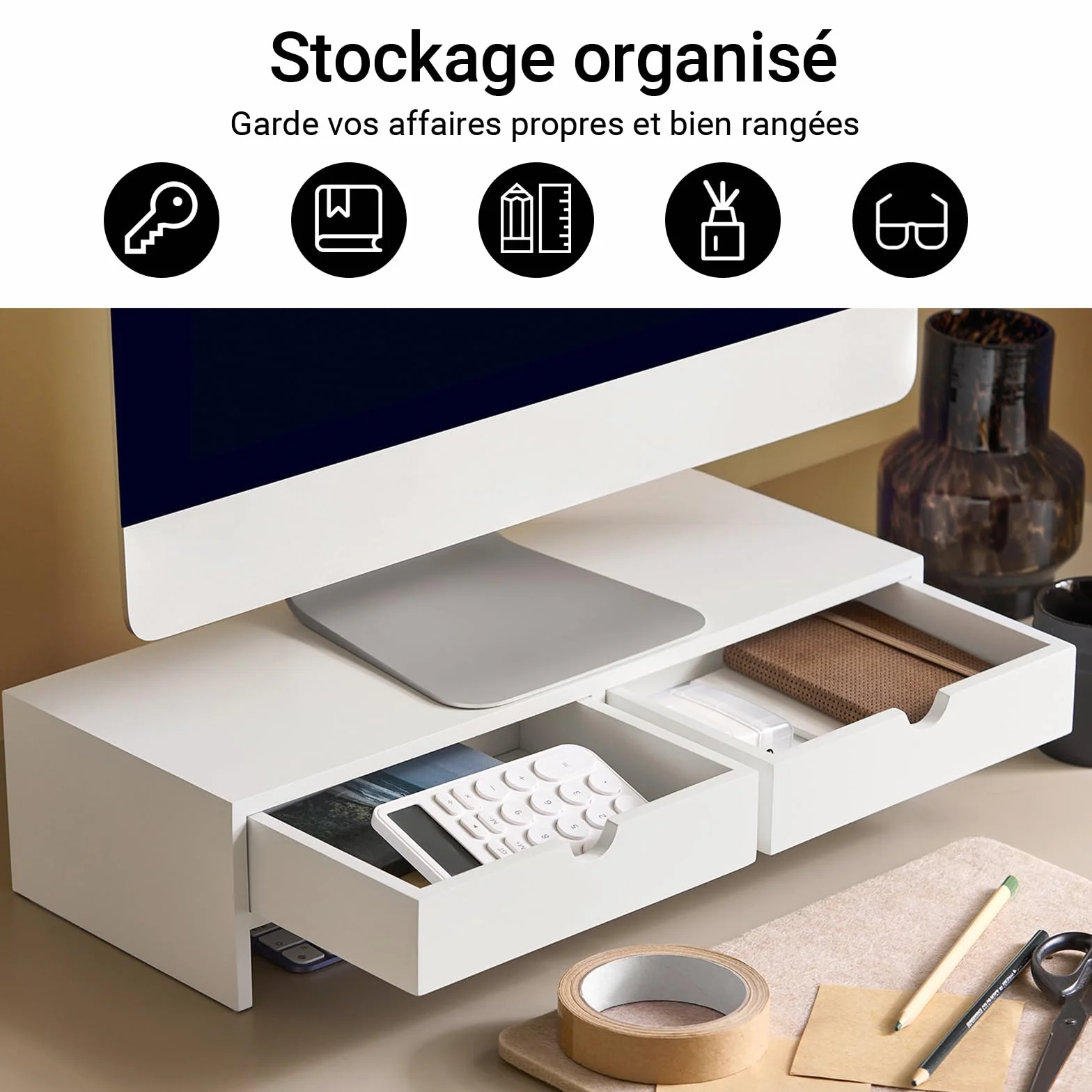 SoBuy Support Écran PC Rehausseur Bureau 2 Tiroirs Rangement Moniteur Universel Ordinateur Portable Blanc 47x18x11cm BBF02-W