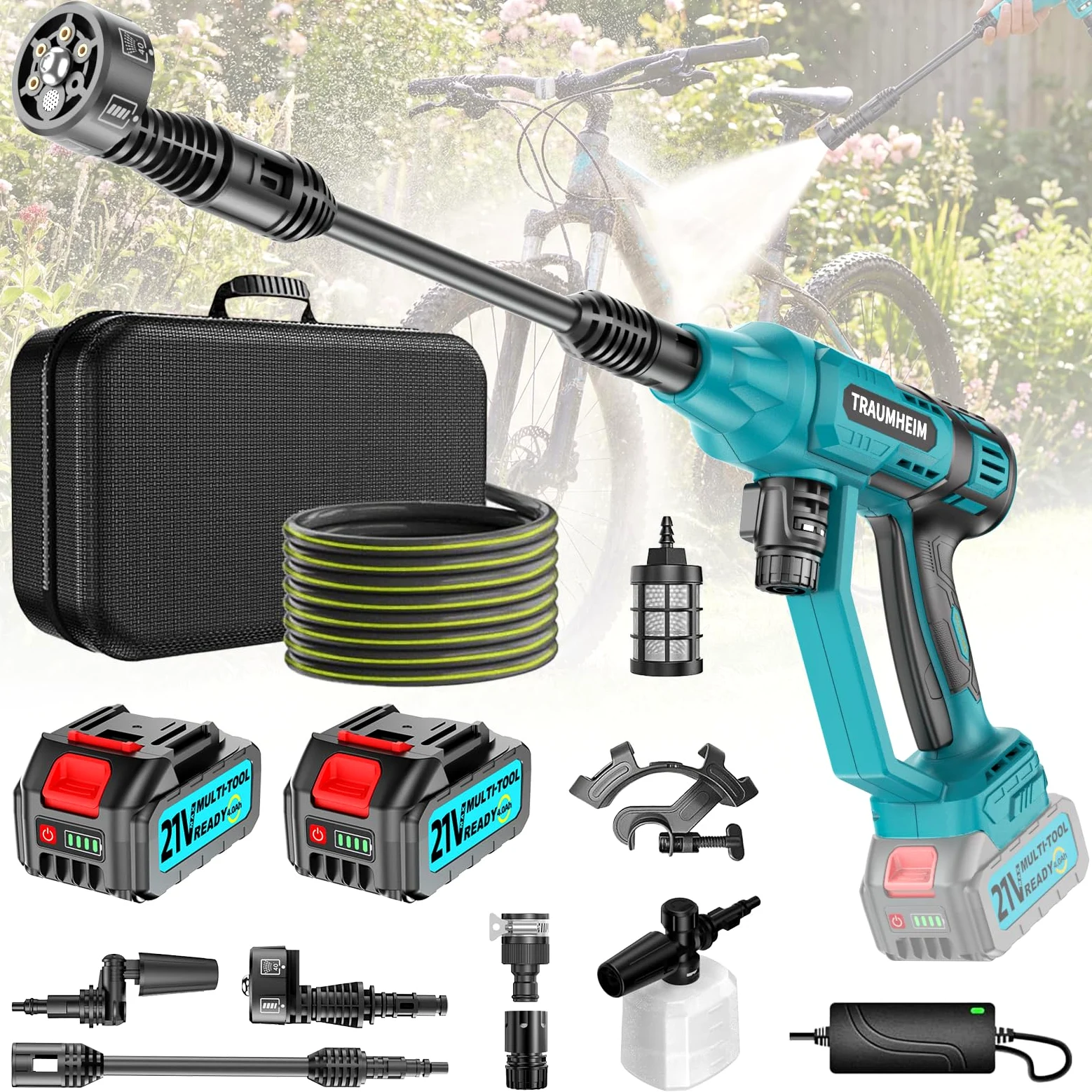 Nettoyeur haute pression sans fil, mode 4 vitesses, max 150 bar, Hydro Blast, nettoyeur haute pression mobile multifonction avec 2 batteries de 4,0 Ah, buse 6 en 1 et rotation à 180° pour voitures