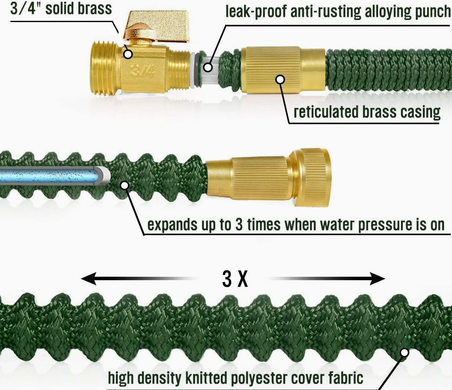 Tuyau d'arrosage extensible de 30 m / 45 m / 60 m - 3 tuyaux d'arrosage extensibles - Naturel - Triple couche - Léger - Ne s'emmêle pas - Avec un pistolet de pulvérisation d'eau professionnel en