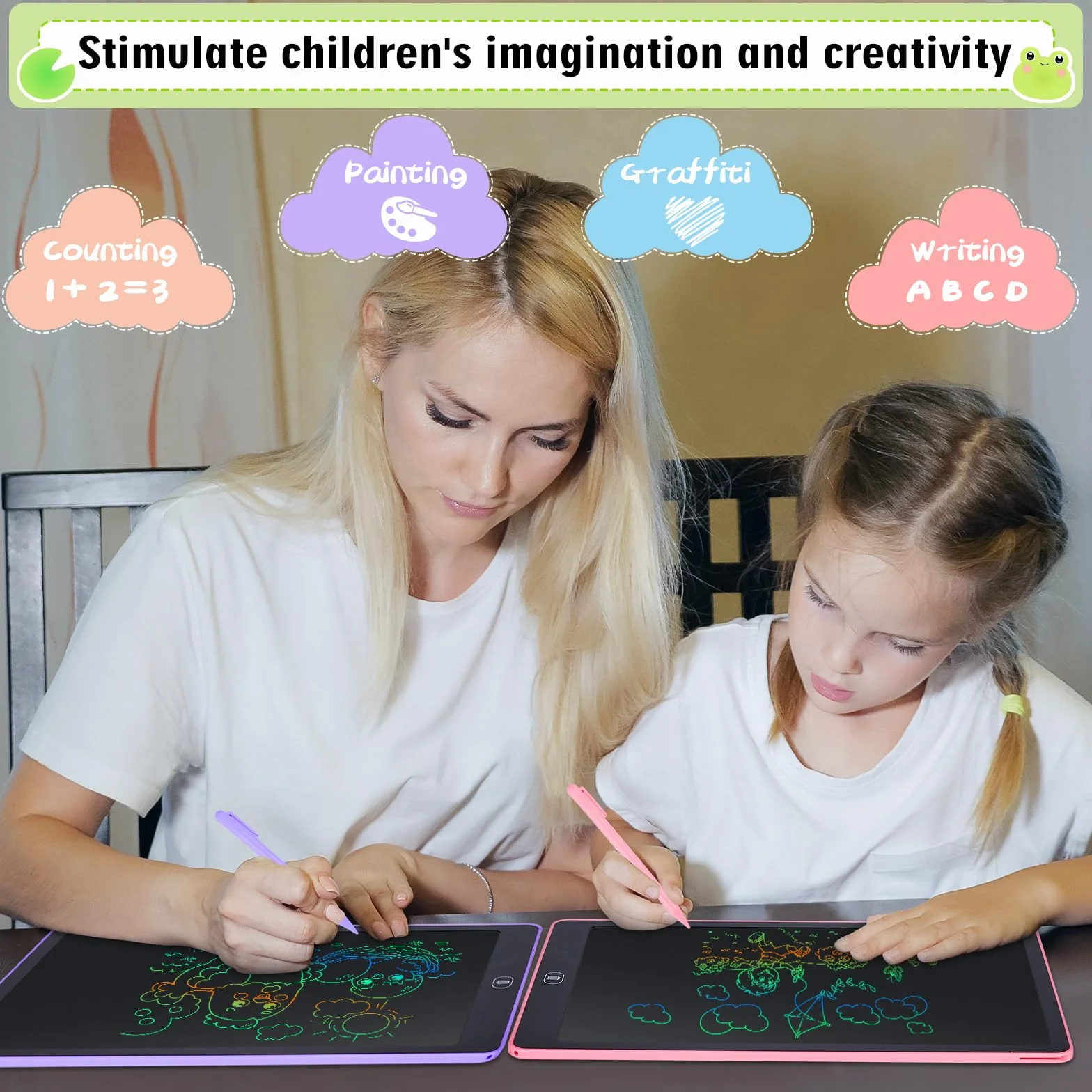 Tablette D'écriture LCD 15 Pouces 2 Pack, Écran Coloré, Bloc D'écriture Effaçable avec Autocollants Animaux, Rose + Violet