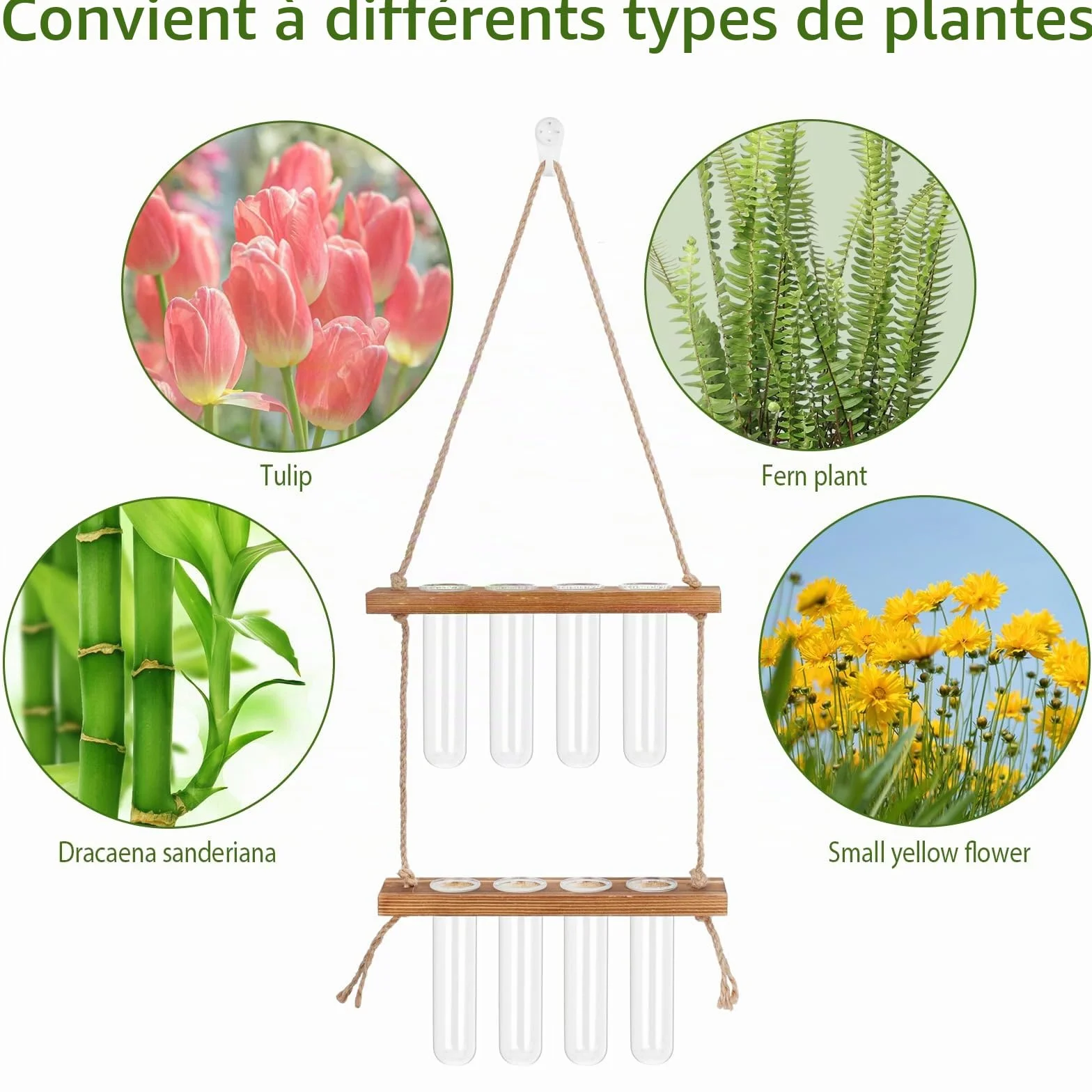 Vase Mural en Verre 2 Étage, 8PCS Vase Tube à Essai, Pot de Fleur avec Support en Bois, 42x20cm