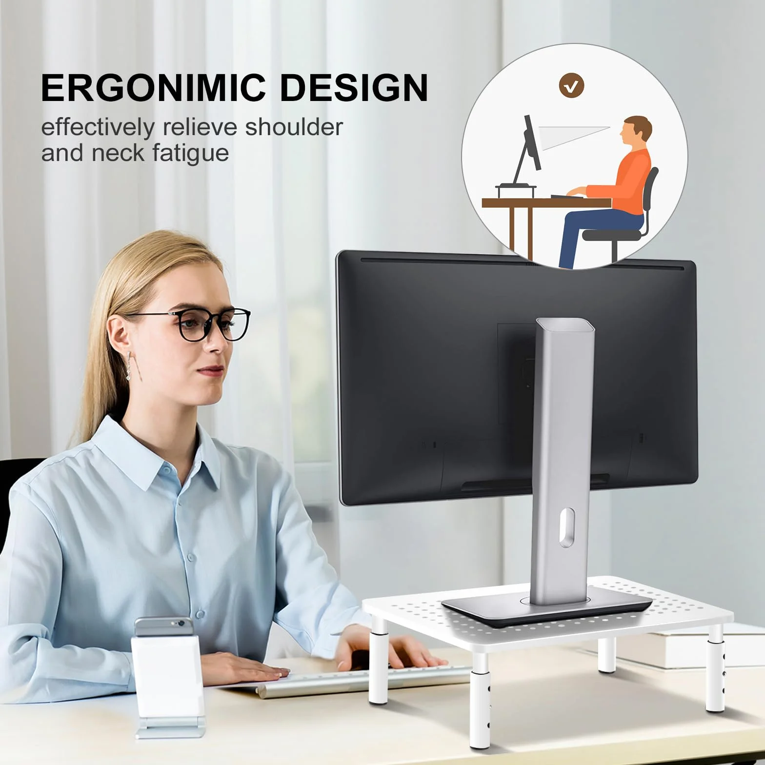 Suptek Rehausseur Écran PC Bureau 370x235mm Support Moniteur Ergonomique 3 Hauteurs Réglables jusqu'à 20 kg Blanc