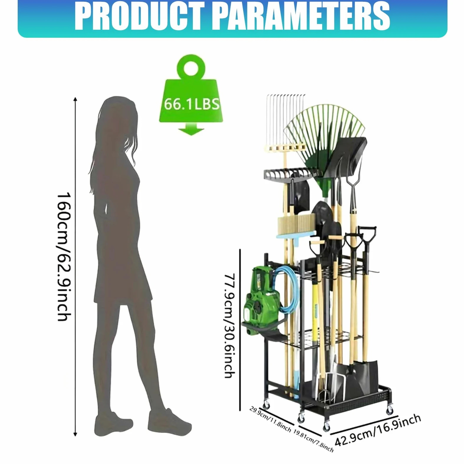 Porte-outils de jardin avec mouvement fluide, idéal pour ranger pelles, râteaux et accessoires de jardin, chariot à outils de jardin robuste