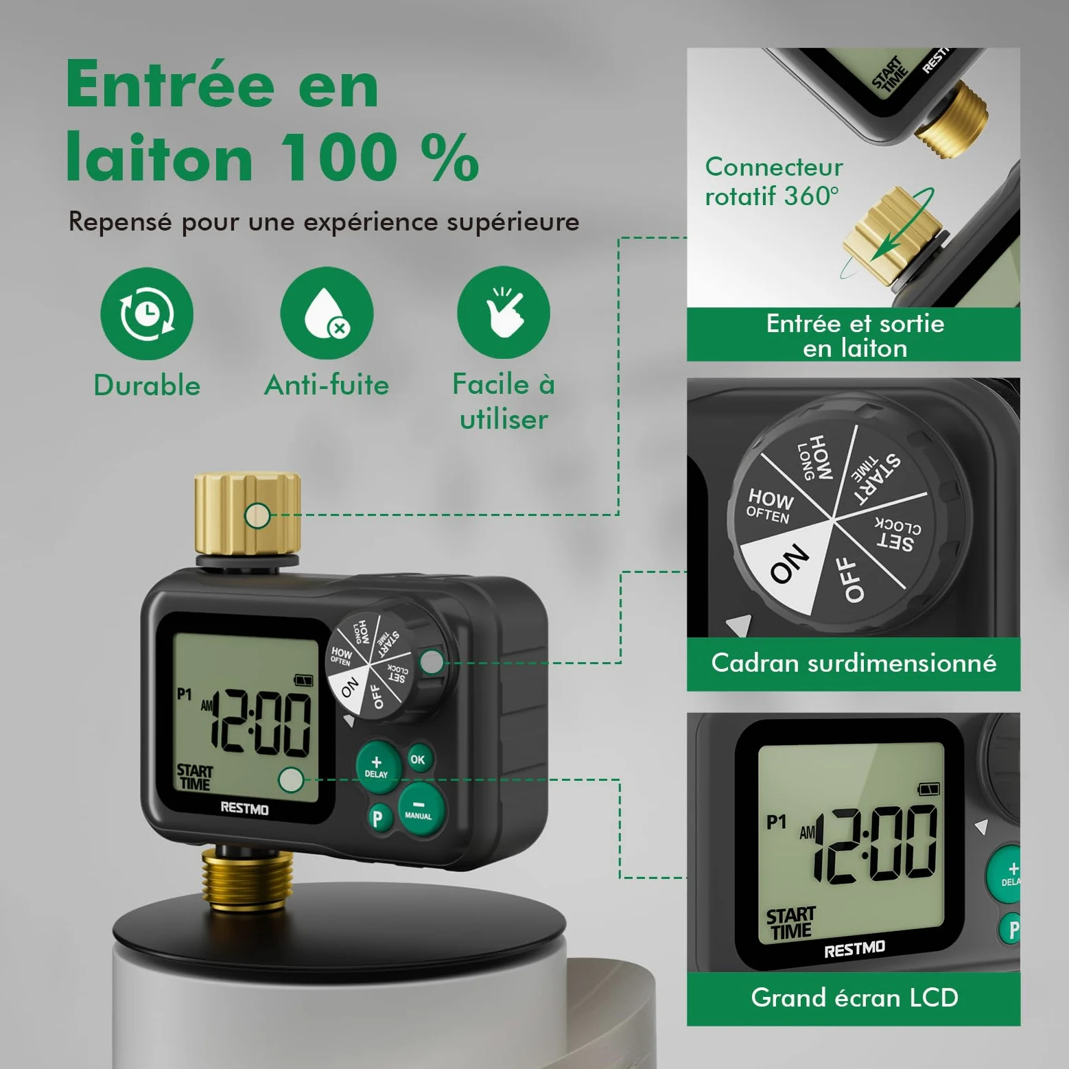 RESTMO Programmateur arrosage 1 Zone avec Puce RF intégrée et télécommande | Entrée et sortie en laiton, mode automatique/manuel/retardateur pluie, convient aux robinets extérieurs