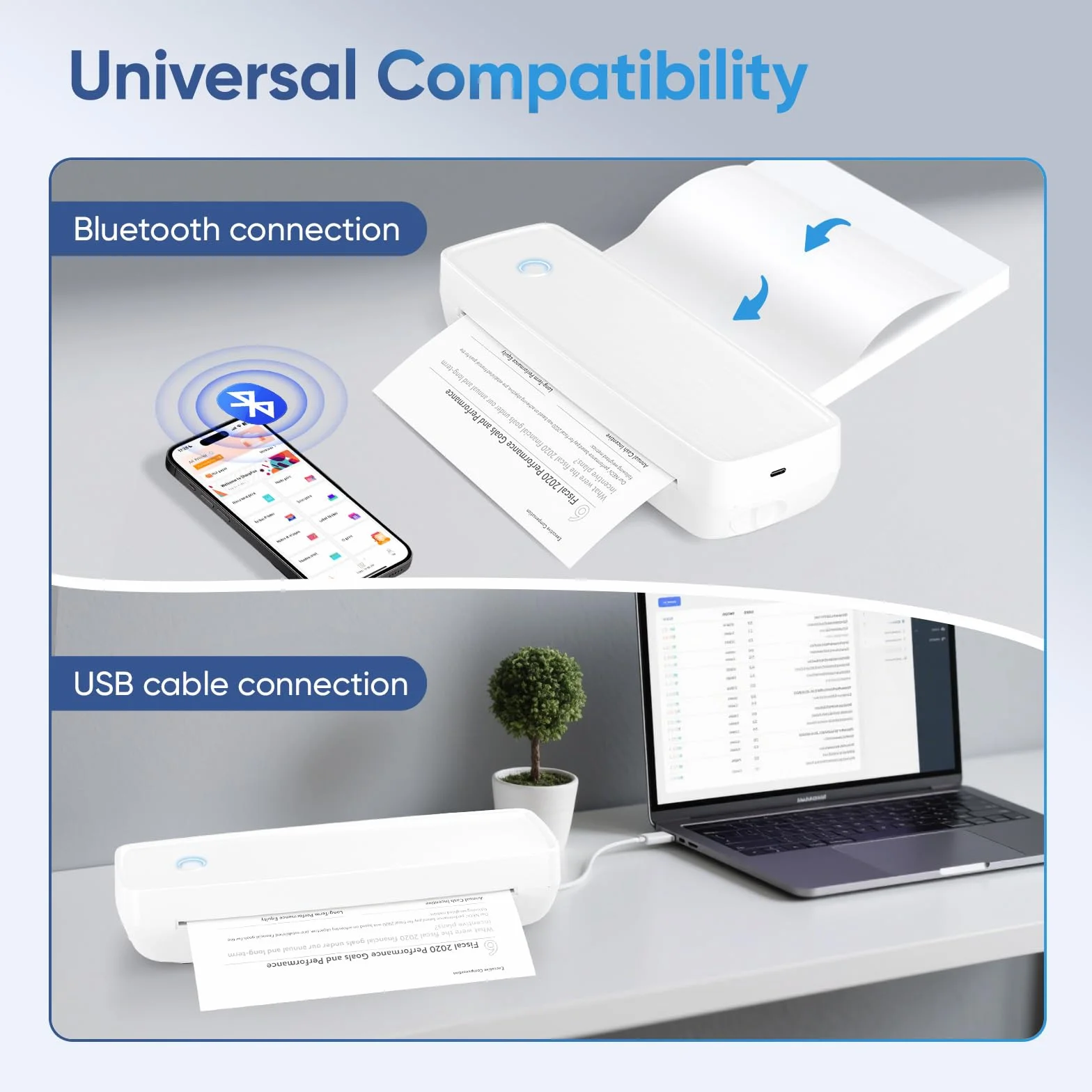 Imprimante Thermique sans Encre A4 Portable sans Bluetooth pour Voyage Maison Compatible Android iOS Blanc