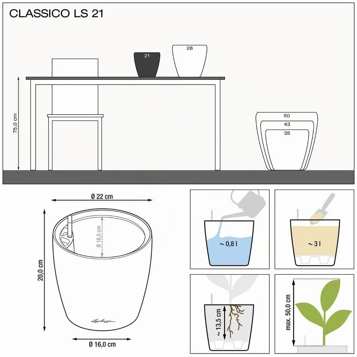 Lechuza Pot de Fleurs d'Intérieur Premium Classico Ls Réserve d'Eau Intégrée Blanc Ø 21 x 20 cm