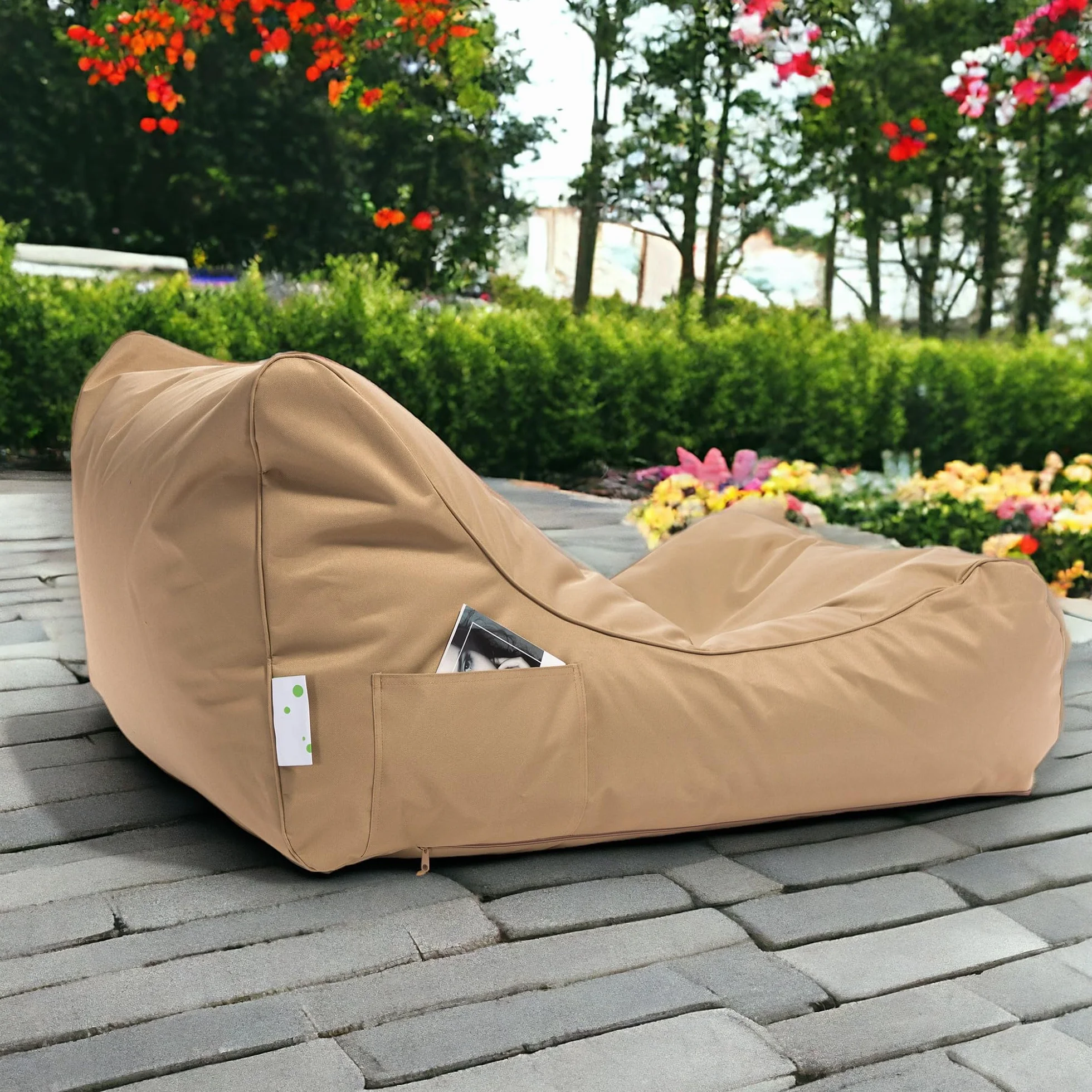 Ecopuf Master Polyester Canapé Pouf Outdoor Chaise Longue avec Pochette de Rangement et Poignée 115x65x60cm Beige