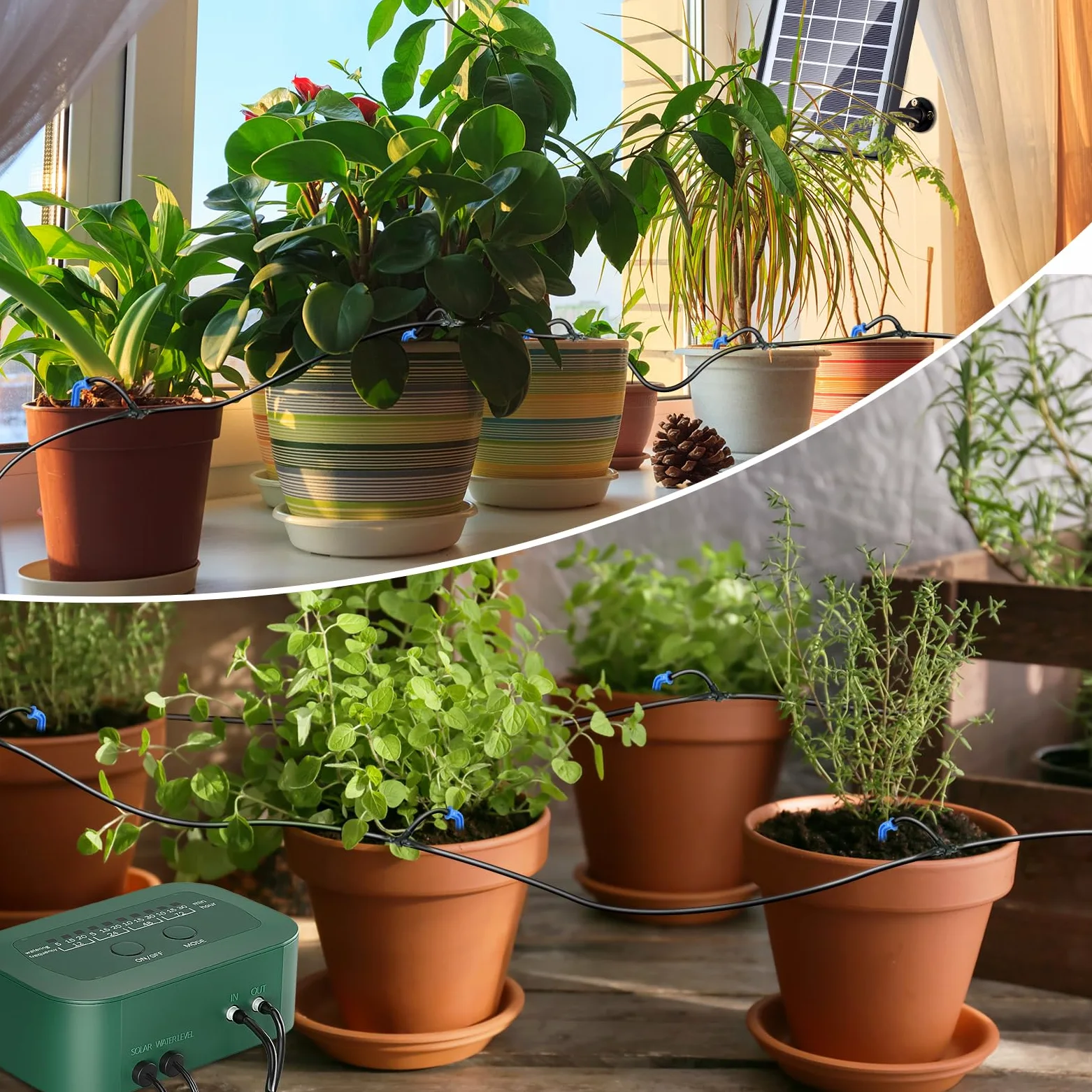 SoulBay Kit d'irrigation Goutte à Goutte Automatique à énergie Solaire, 12 Modes de Synchronisation, avec tuyau d'arrosage de 15 m pour jardin intérieur et extérieur en pot