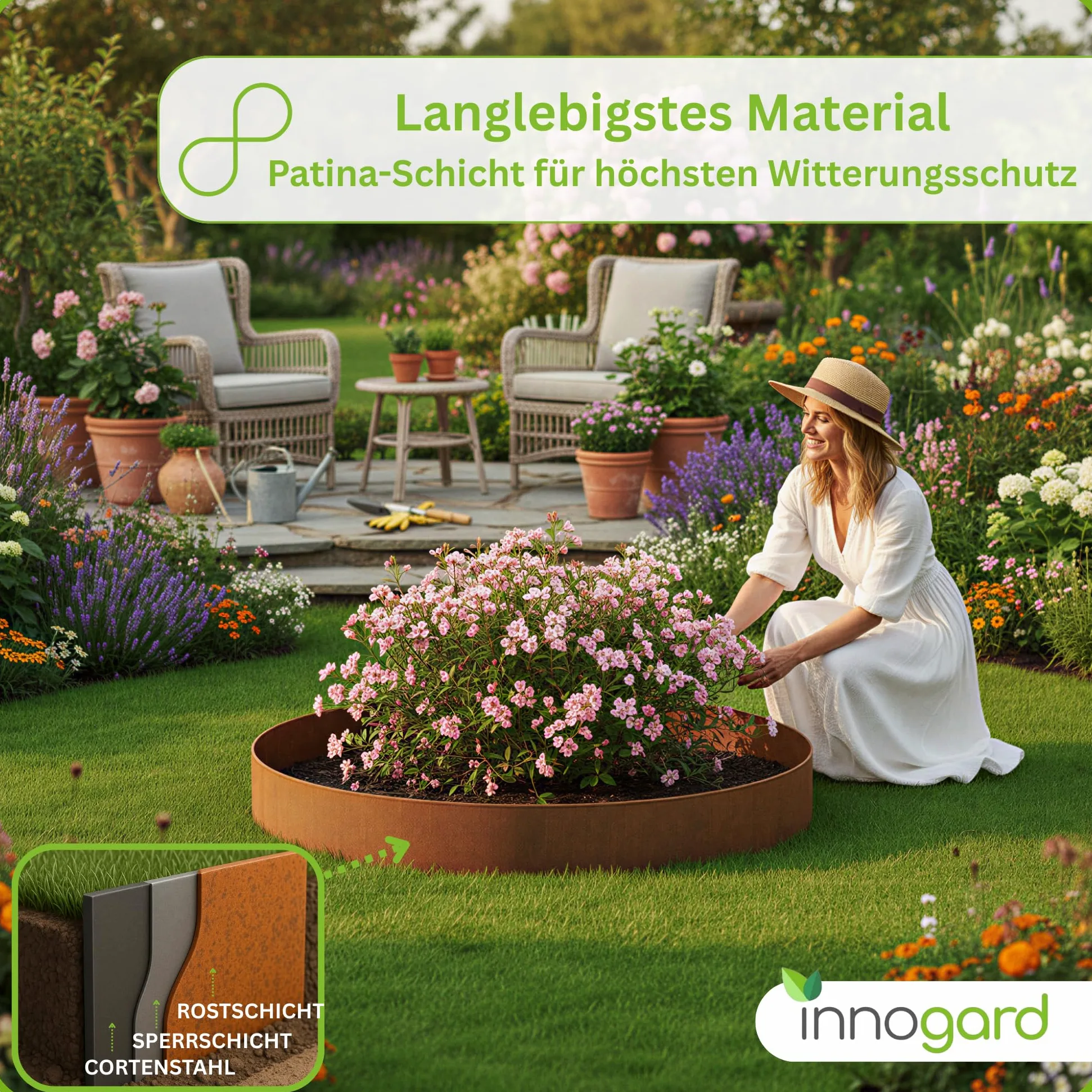 innogard Anneau d'arbre rond Ø 155 cm en acier Corten Hauteur 24 cm – Bordure d'arbre et bordure de pelouse en métal aspect rouille – Bordure de parterre ronde pour jardin – Anneau de plantation