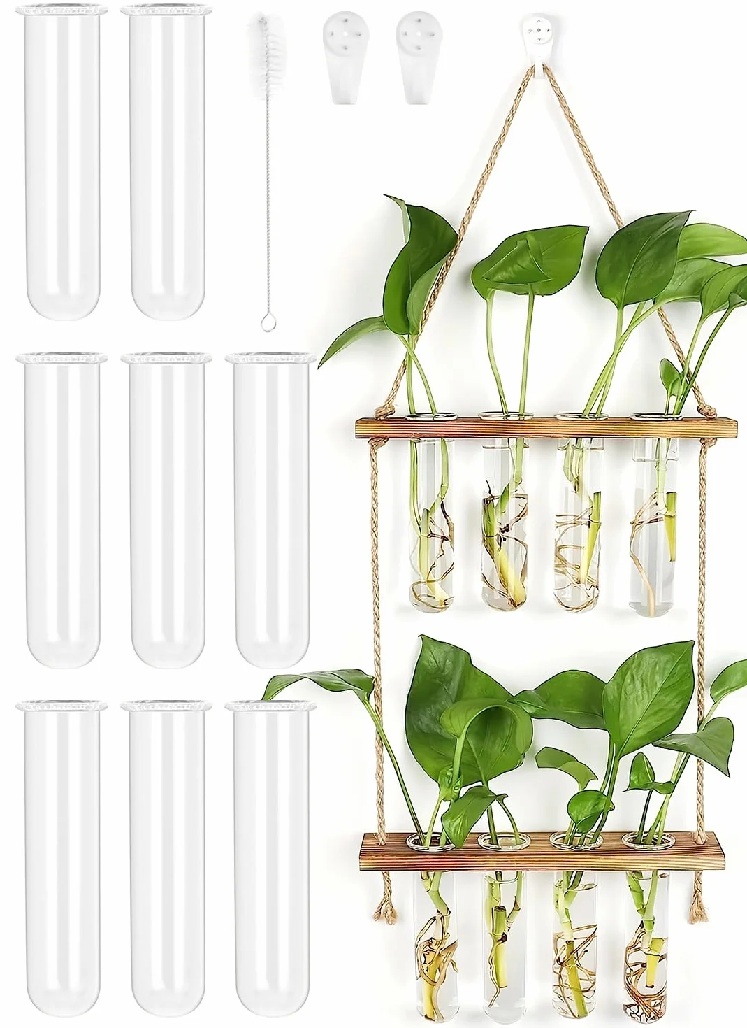 Vase Mural en Verre 2 Étage, 8PCS Vase Tube à Essai, Pot de Fleur avec Support en Bois, 42x20cm