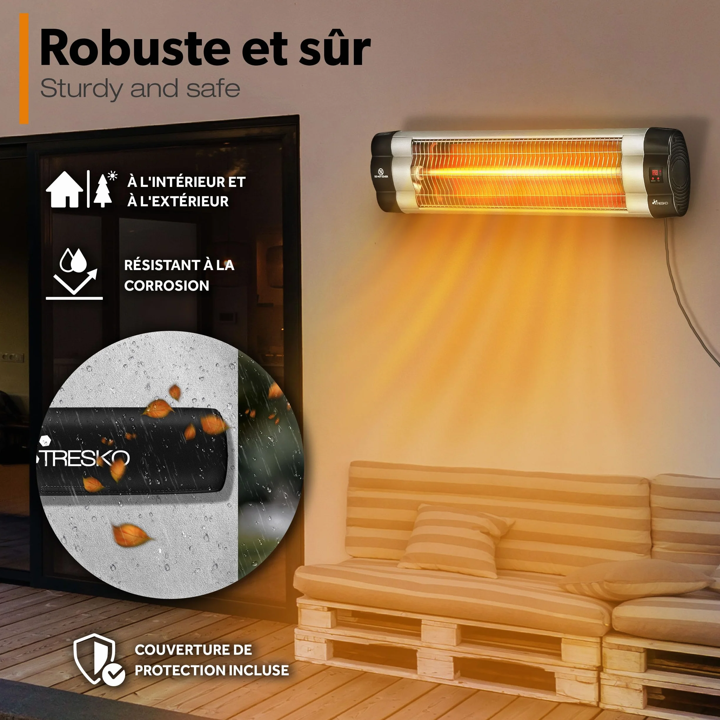 TRESKO Radiateur infrarouge extérieur 2500W Chauffage radiant terrasse murale télécommande 3 niveaux Argent