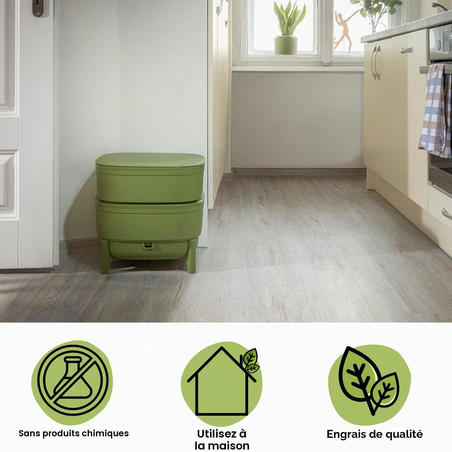 Economy Vermicompost pour cuisine et balcon – Boîte à vers design en plastique 100 % recyclé – Vermicompost comme ferme à vers avec 2 bols – Volume 30 l, vert
