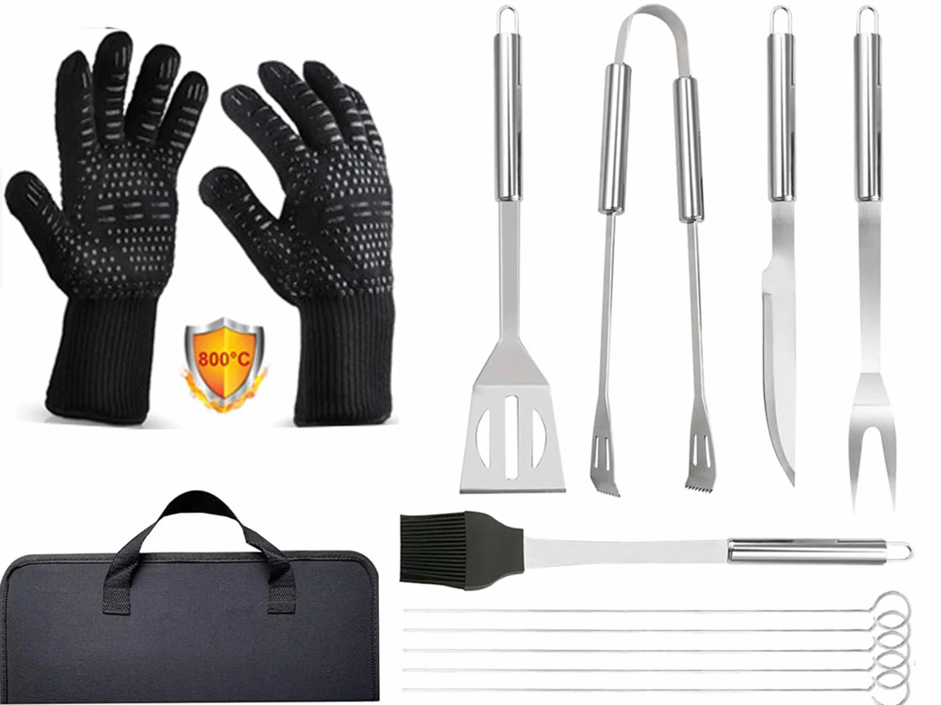 Kit Barbecue 9 Pièces en Acier Inoxydable avec Gants 800°C - Ustensiles de Cuisine pour Grillade