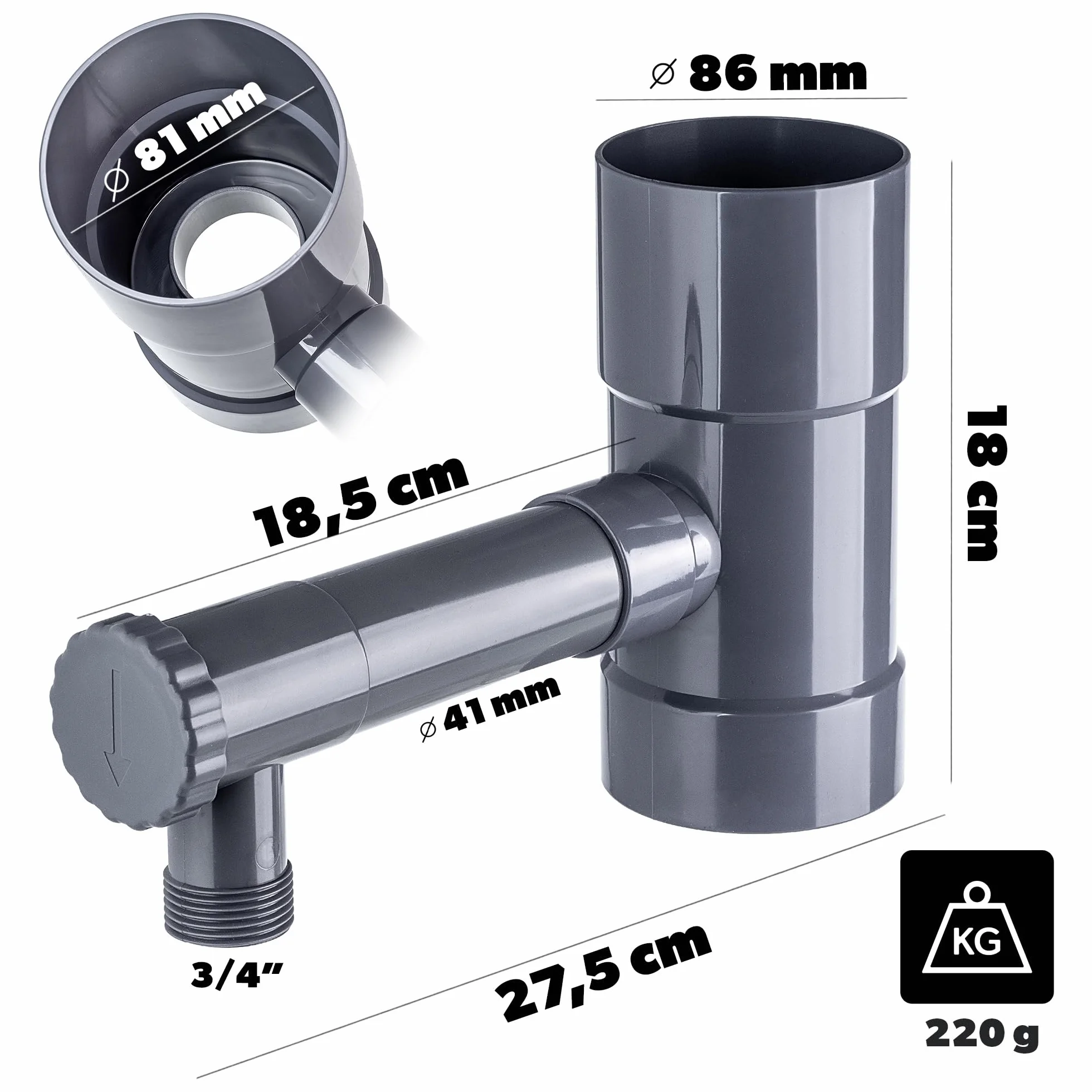 KADAX Collecteur d'eau de pluie 80 mm pour tuyau de descente, avec valve intégrée, gris