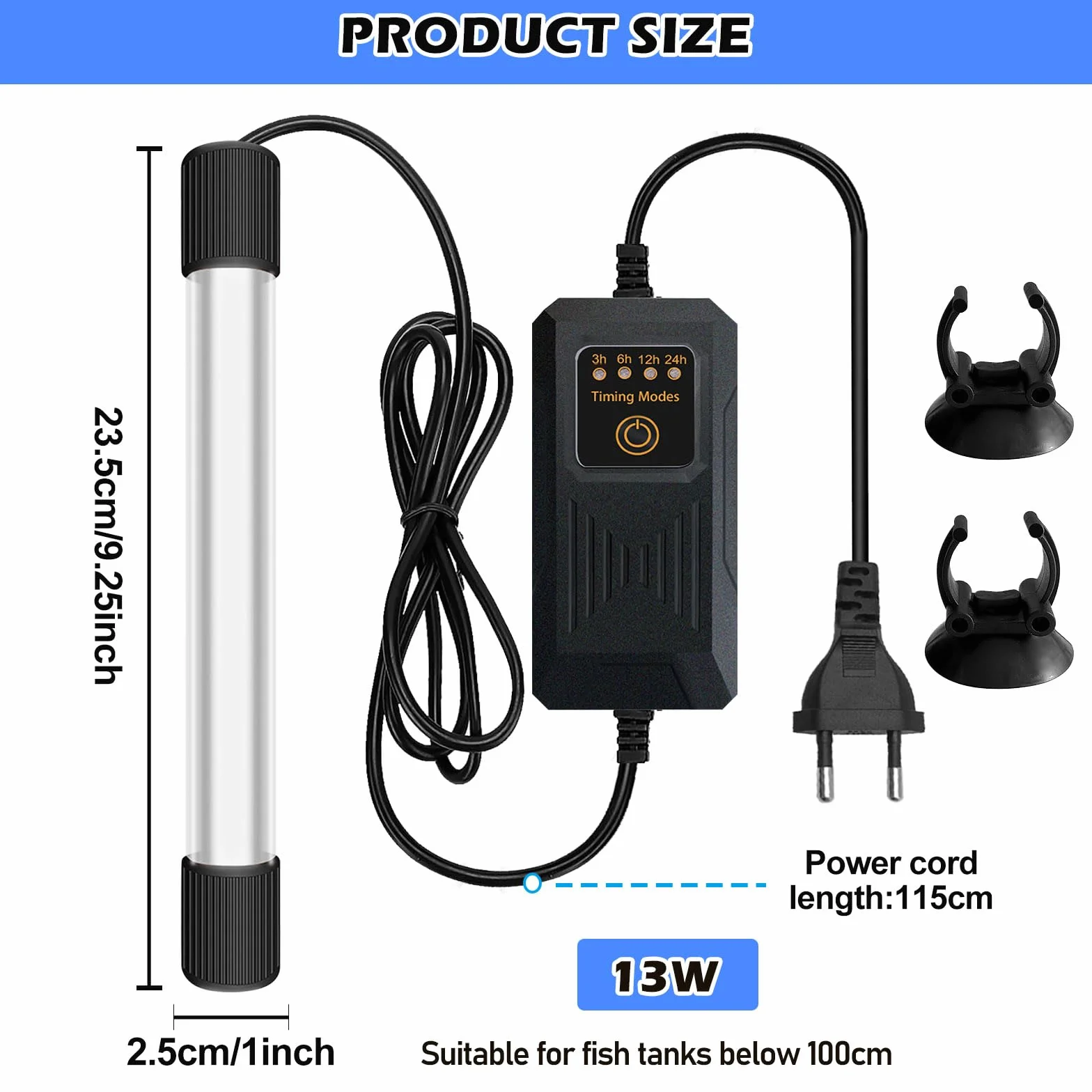 BORDEAG UV Aquarium Stérilisateur Lampe 13 W Submersible avec Minuterie Anti-Bactéries